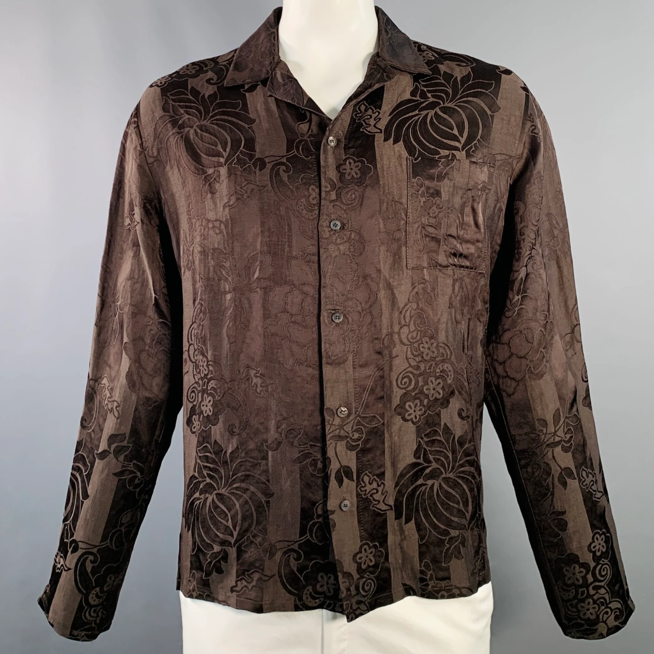 HAIDER ACKERMANN Size L Brown Jacquard Linen Silk One Pocket Long Sleeve Shirt