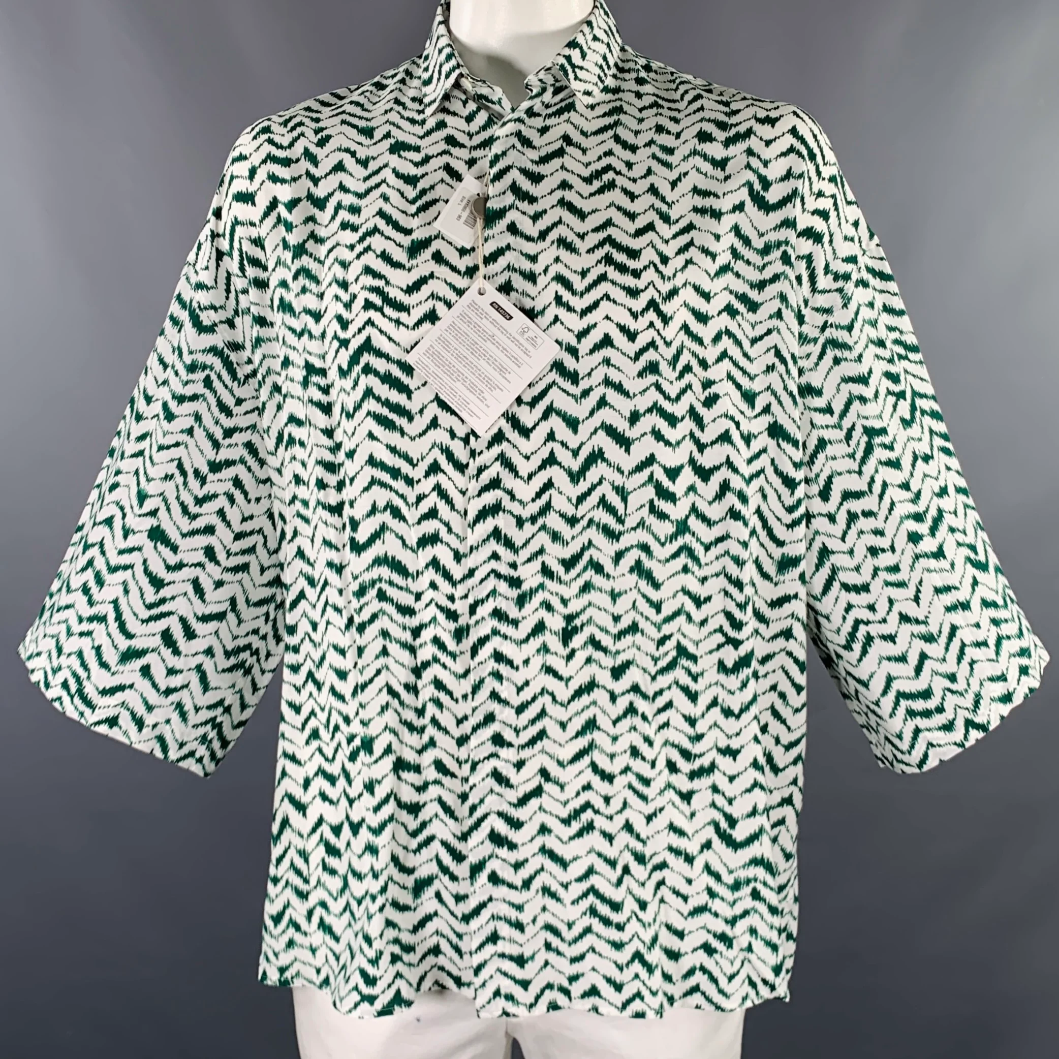 HAIDER ACKERMANN Size L Green White Zig Zag Viscose Silk Short Sleeve Shirt