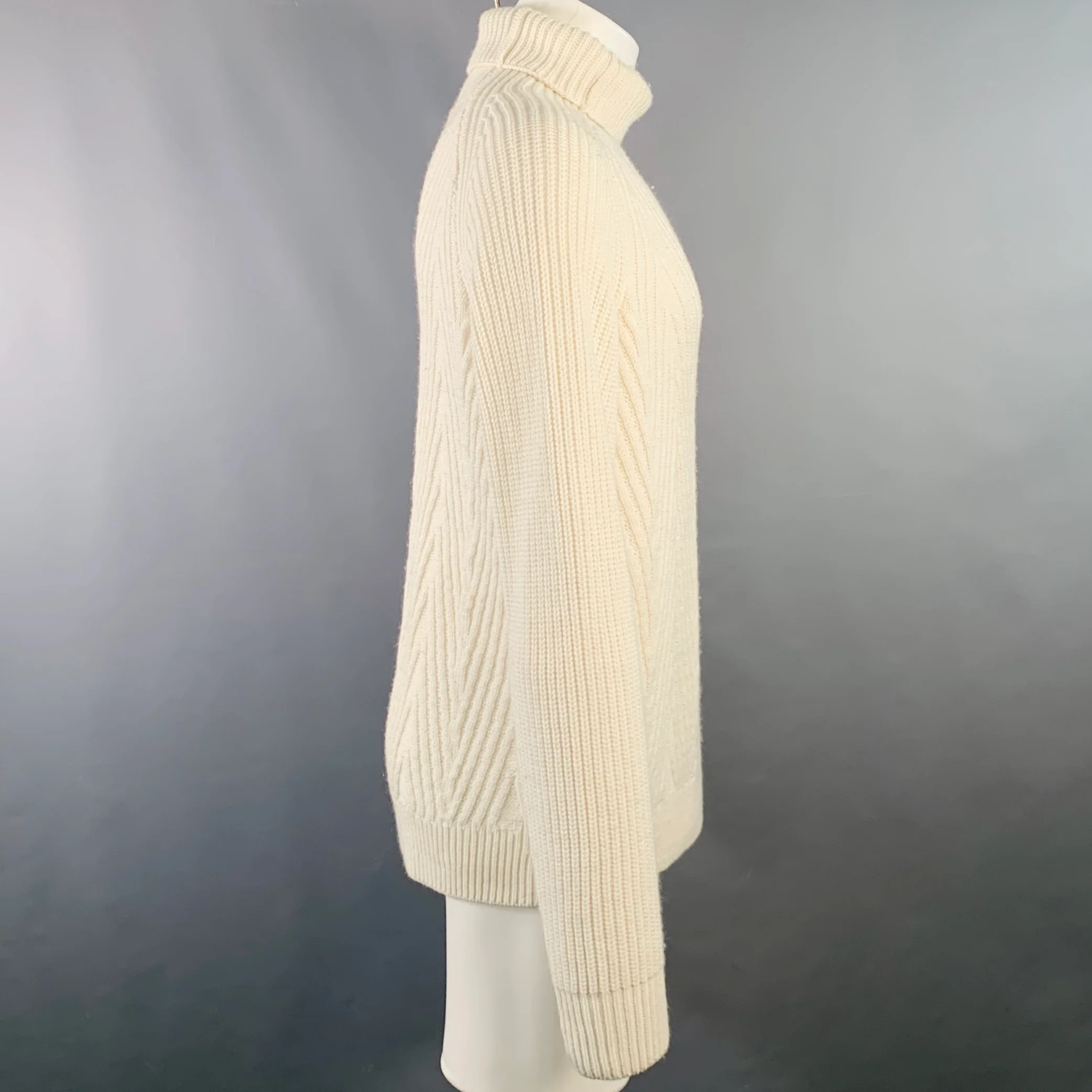 HAIDER ACKERMANN Size M Cream Cable Knit Cashmere Turtleneck Sweater - Image 3