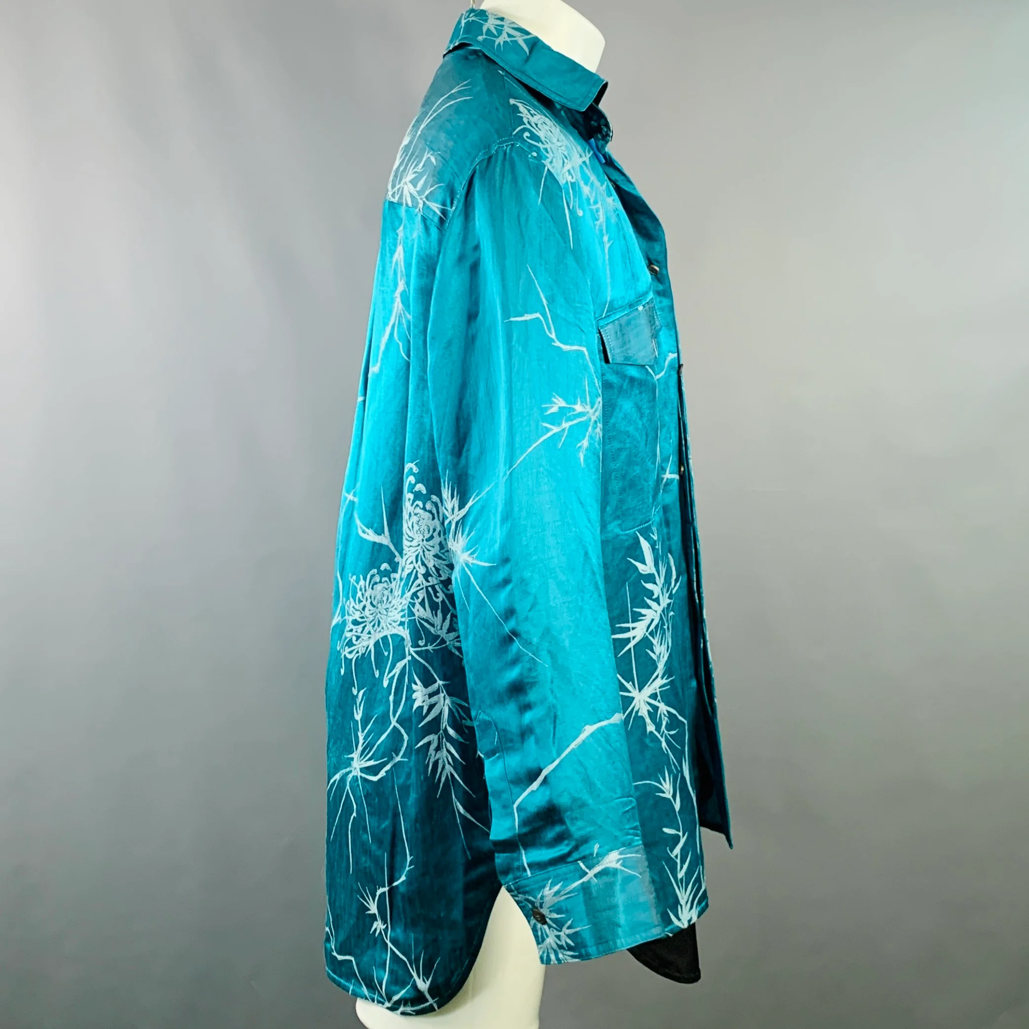 HAIDER ACKERMANN Size M Teal White Jacquard Linen Silk Layered Long Sleeve Shirt - Image 4