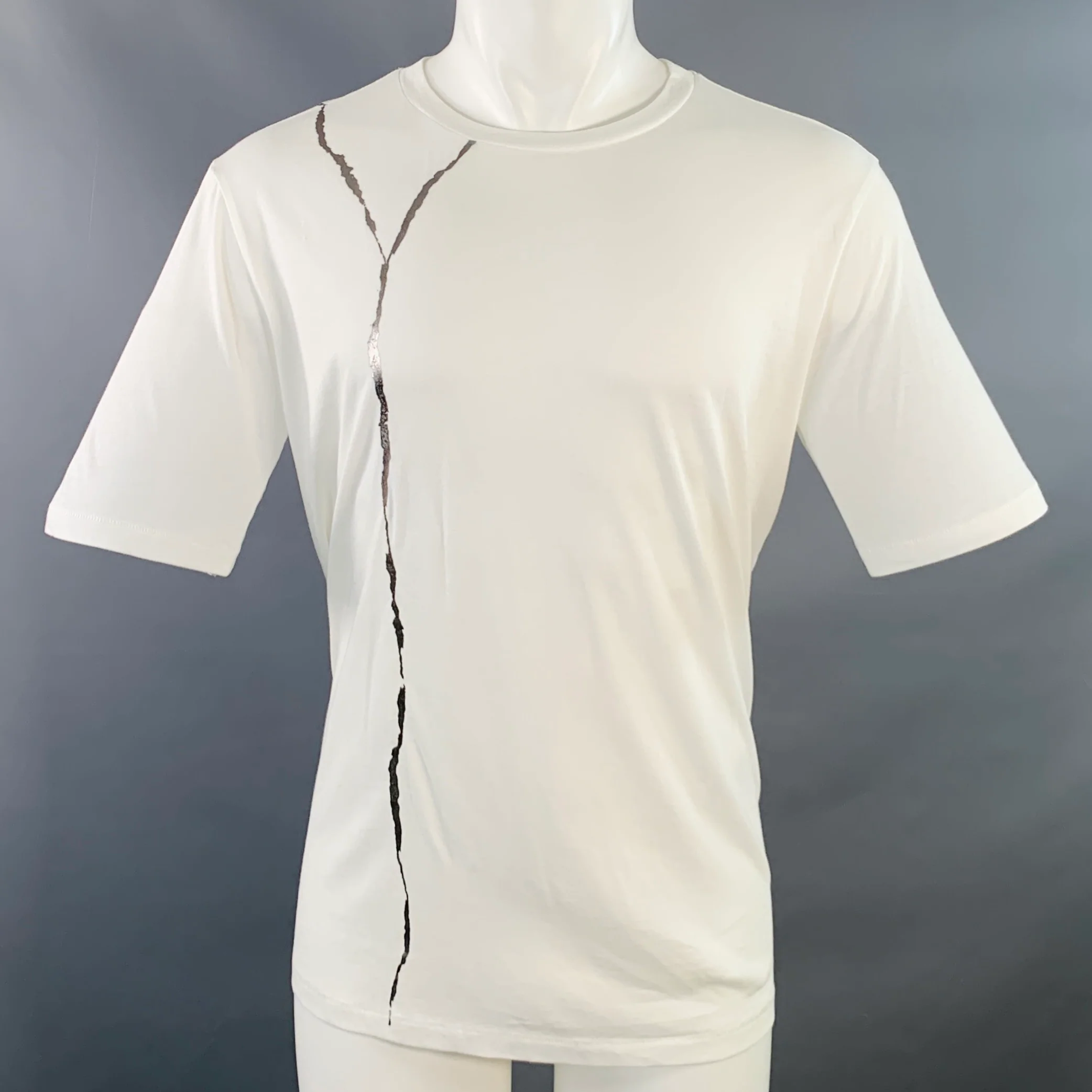 HAIDER ACKERMANN Size M White Silver Cotton Jersey Kintsugi Crew Neck T-shirt
