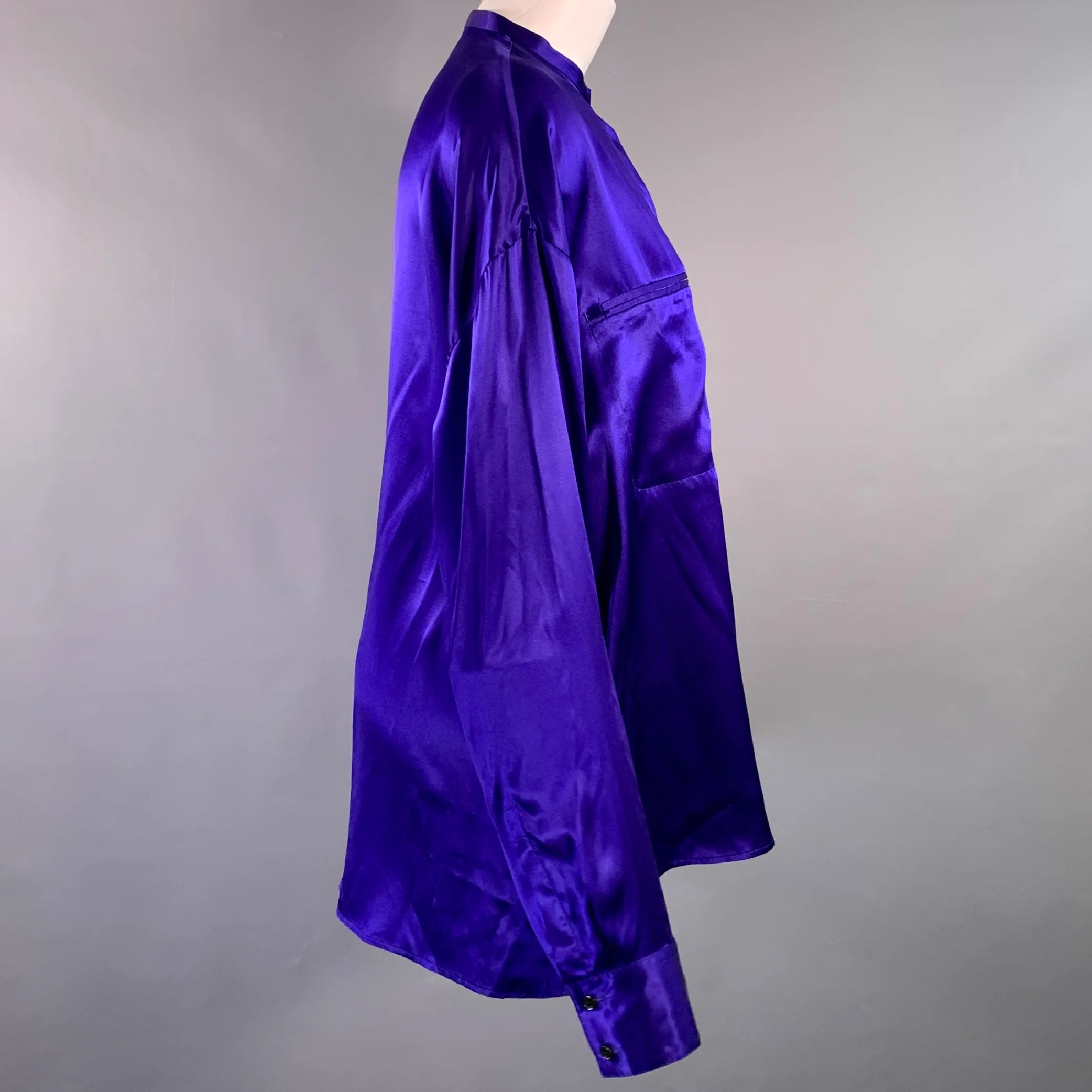 HAIDER ACKERMANN Size S Blue Silk Nehru Collar Hidden Buttons Shirt - Image 2