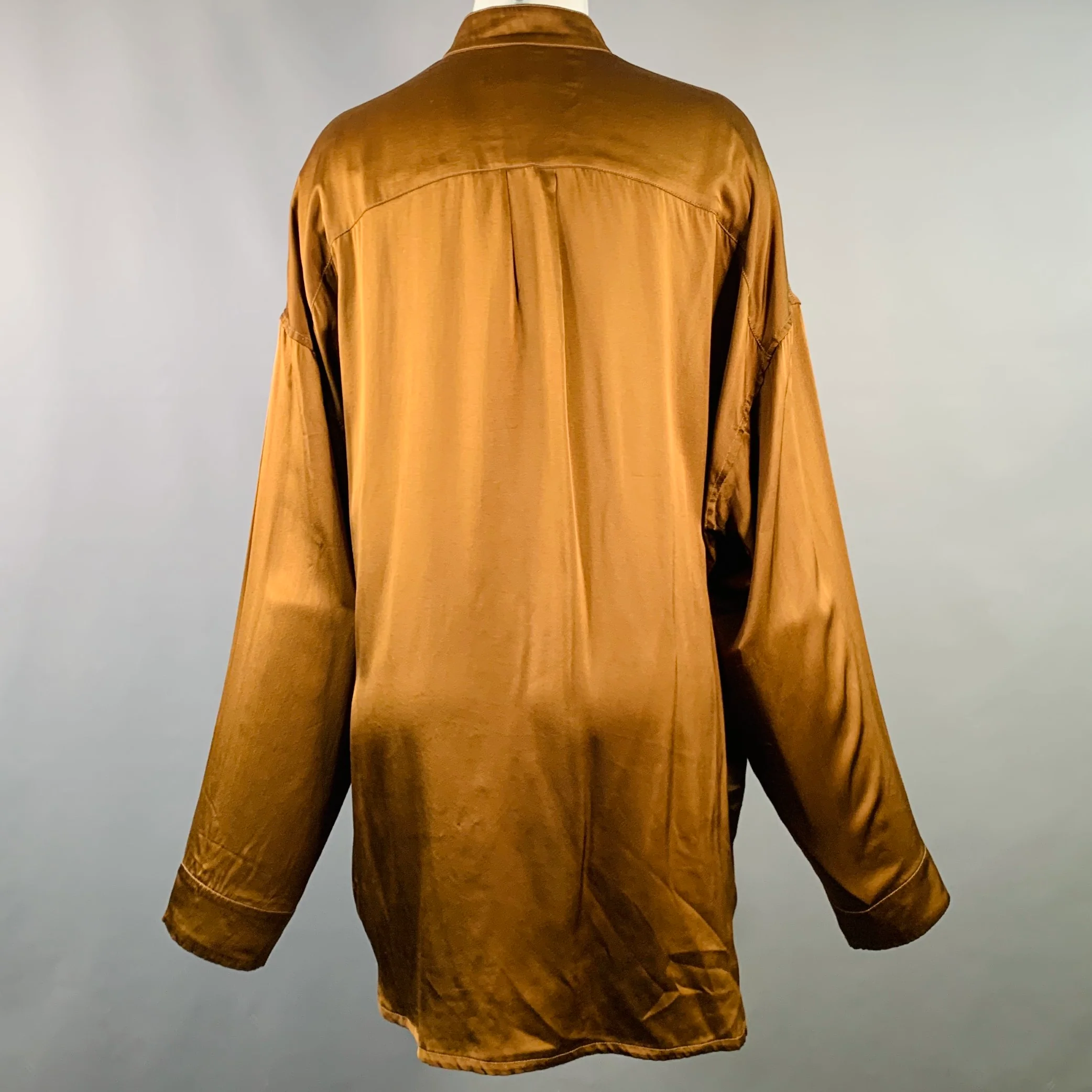 HAIDER ACKERMANN Size S Brown Silk Satin Nehru Collar Hidden Buttons Shirt - Image 3