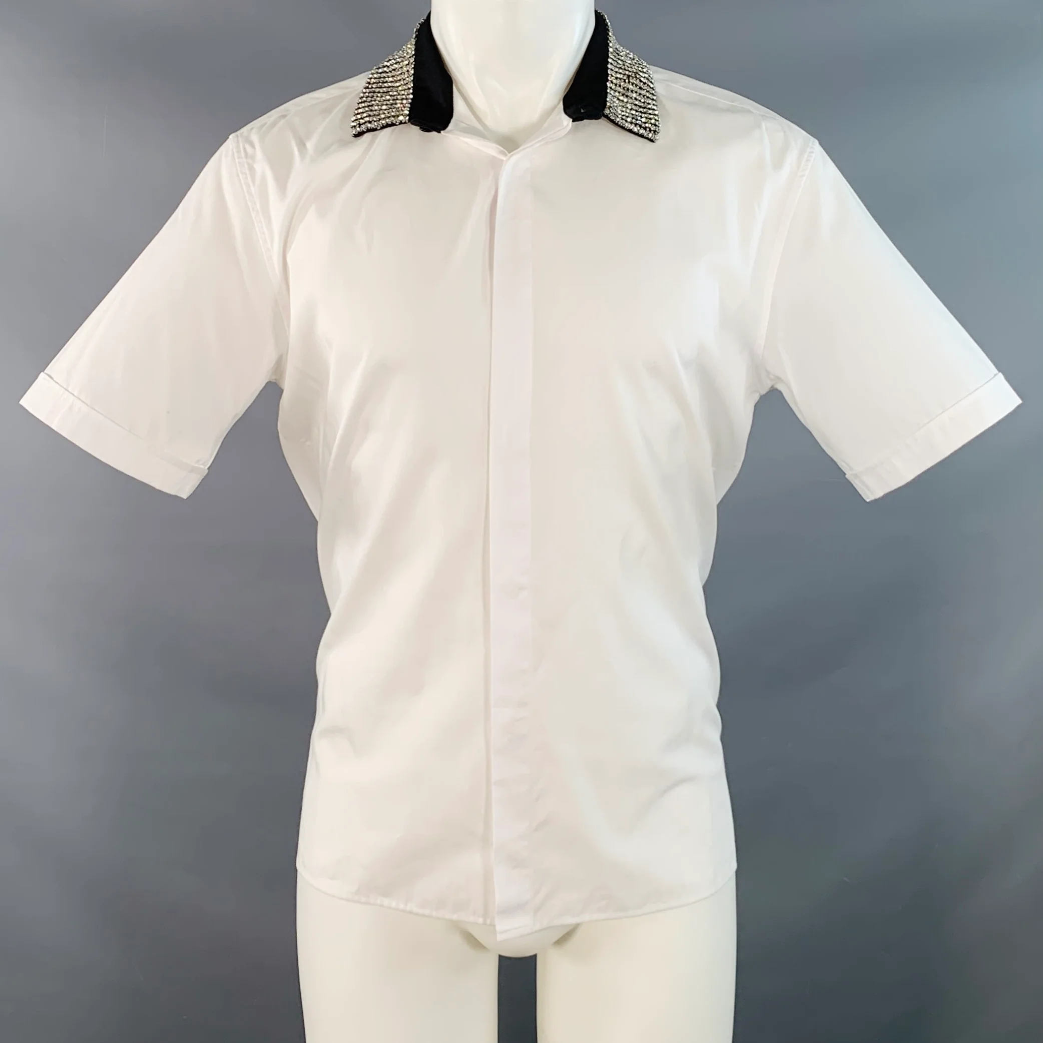 HAIDER ACKERMANN Size S White Beaded Cotton Crystals Hidden Placket Short Sleeve Shirt