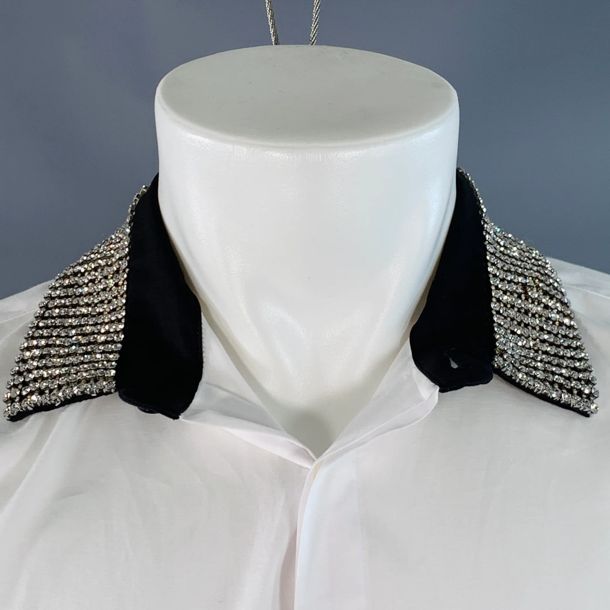 HAIDER ACKERMANN Size S White Beaded Cotton Crystals Hidden Placket Short Sleeve Shirt - Image 2
