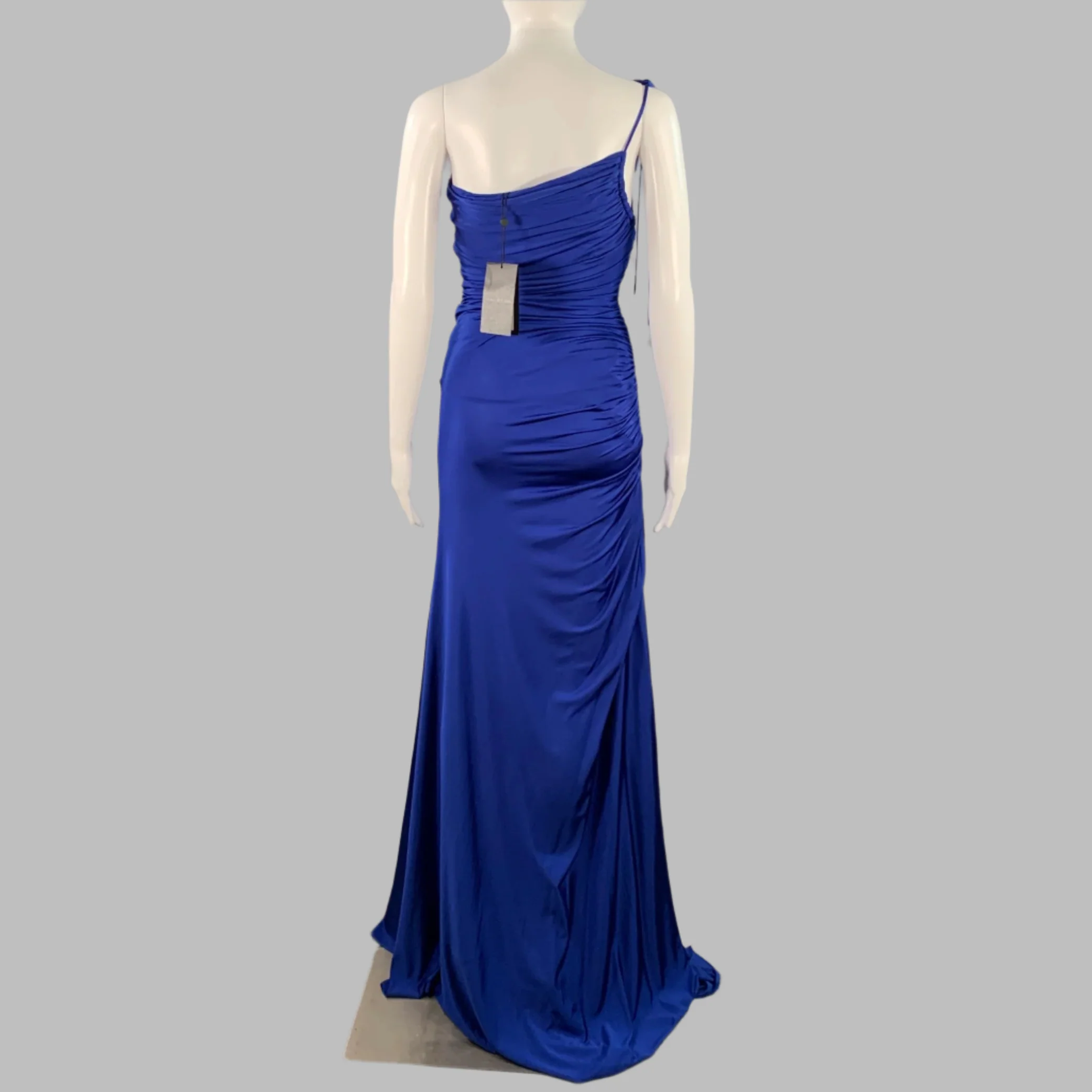 HALSTON Size 0 Blue Cobalt Ruched One Shoulder Long Evening Gown - Image 3