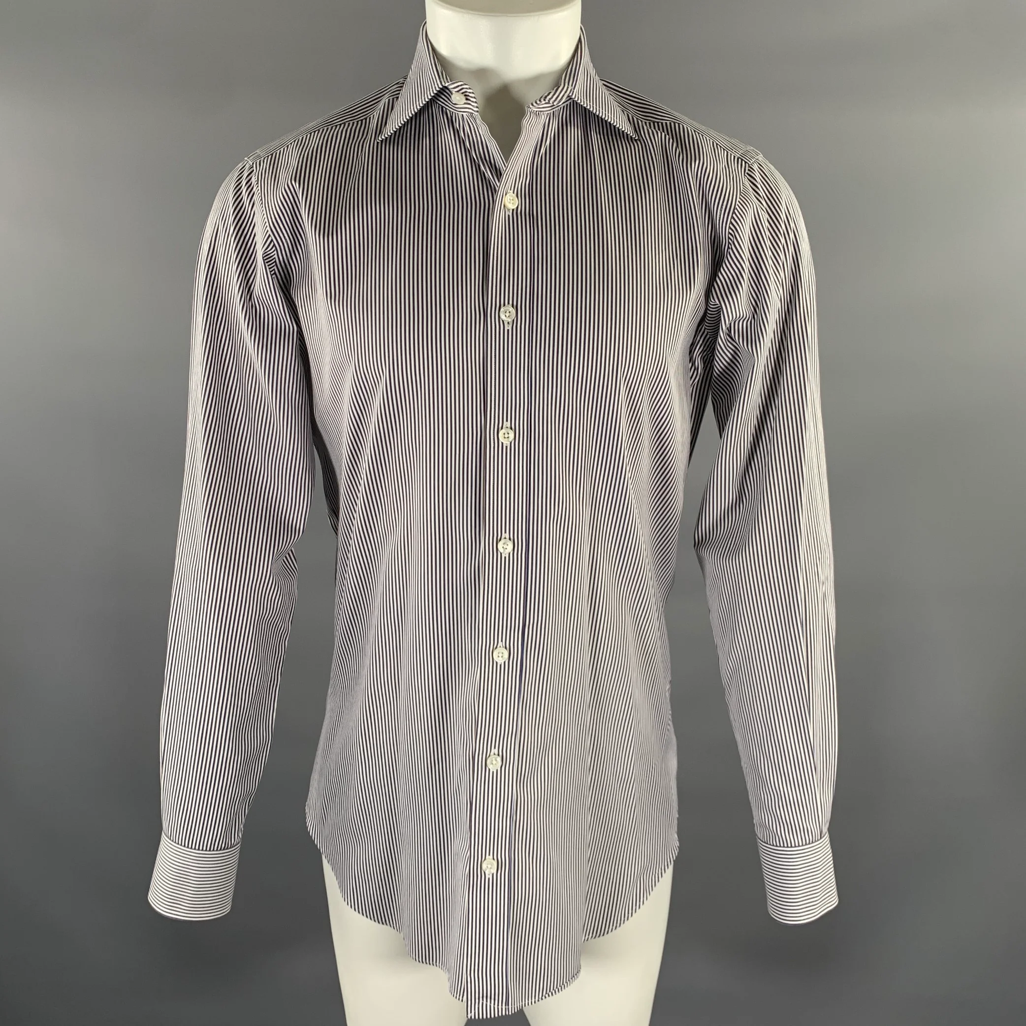 HAMILTON Size S Off White Blue & Brown Stripe Cotton Long Sleeve Shirt