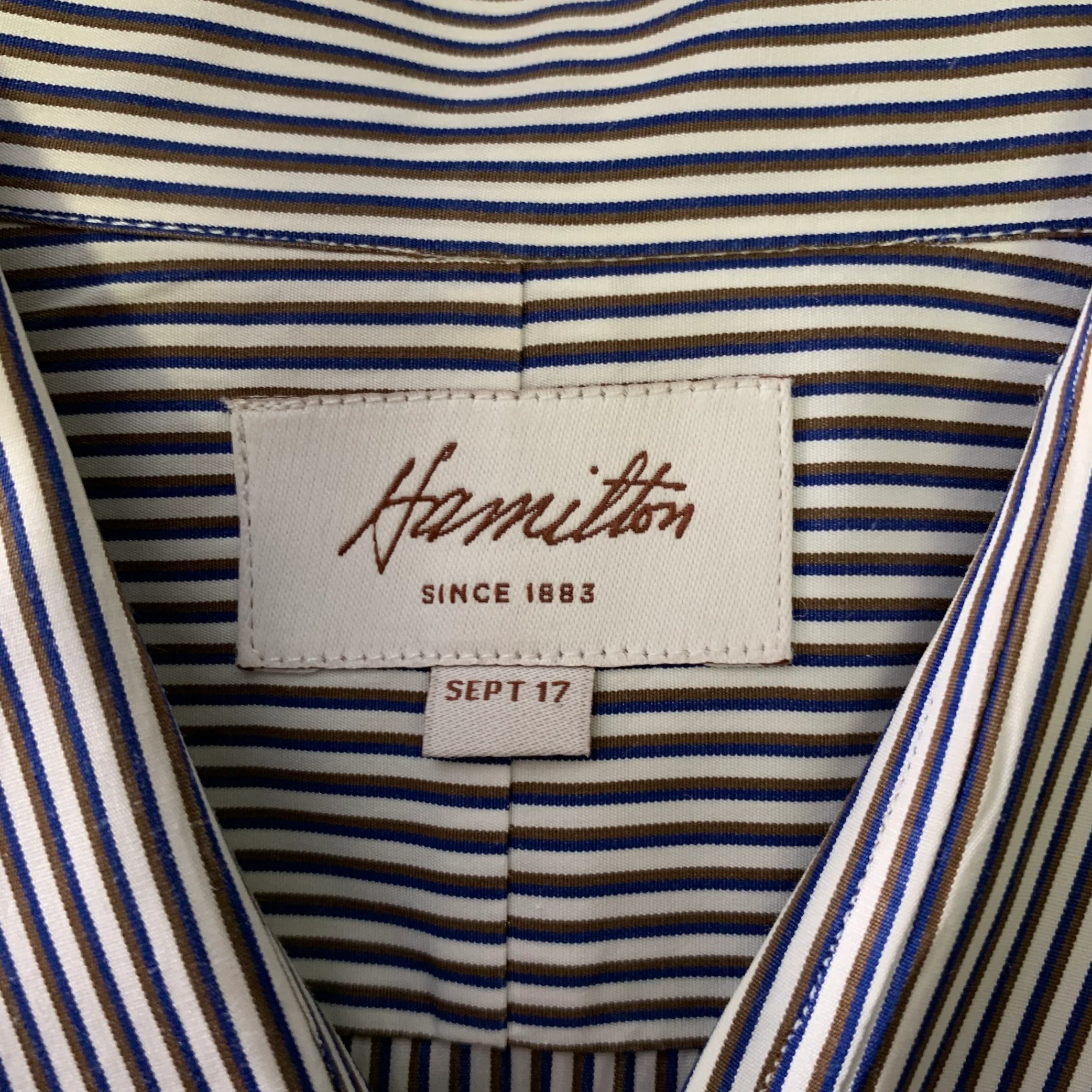 HAMILTON Size S Off White Blue & Brown Stripe Cotton Long Sleeve Shirt - Image 4