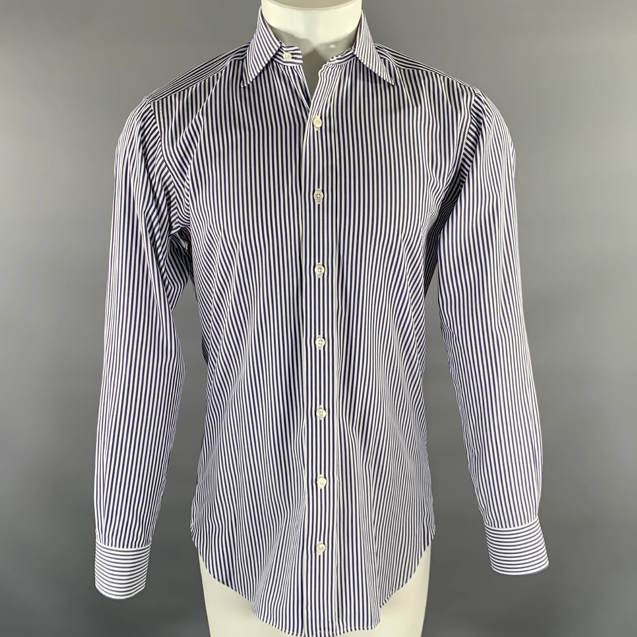 HAMILTON Size S White Navy Stripe Cotton Spread Collar Long Sleeve Shirt