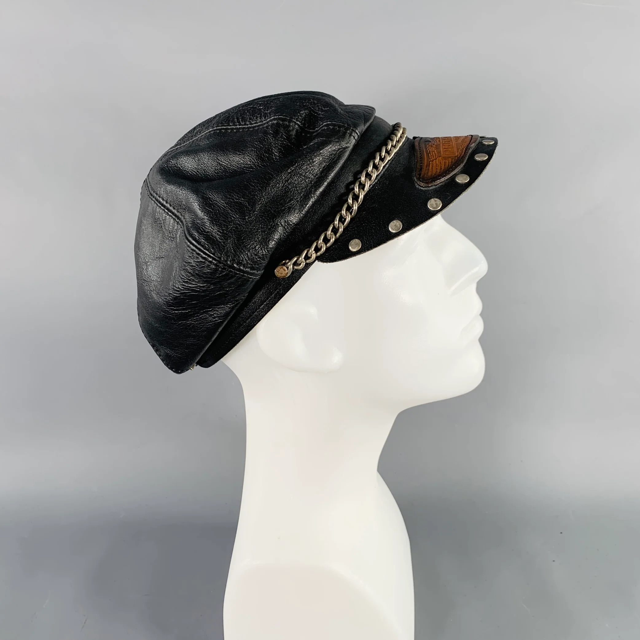 HARLEY DAVIDSON Black Brown Logo Leather Chain Studs Cap Hat - Image 3