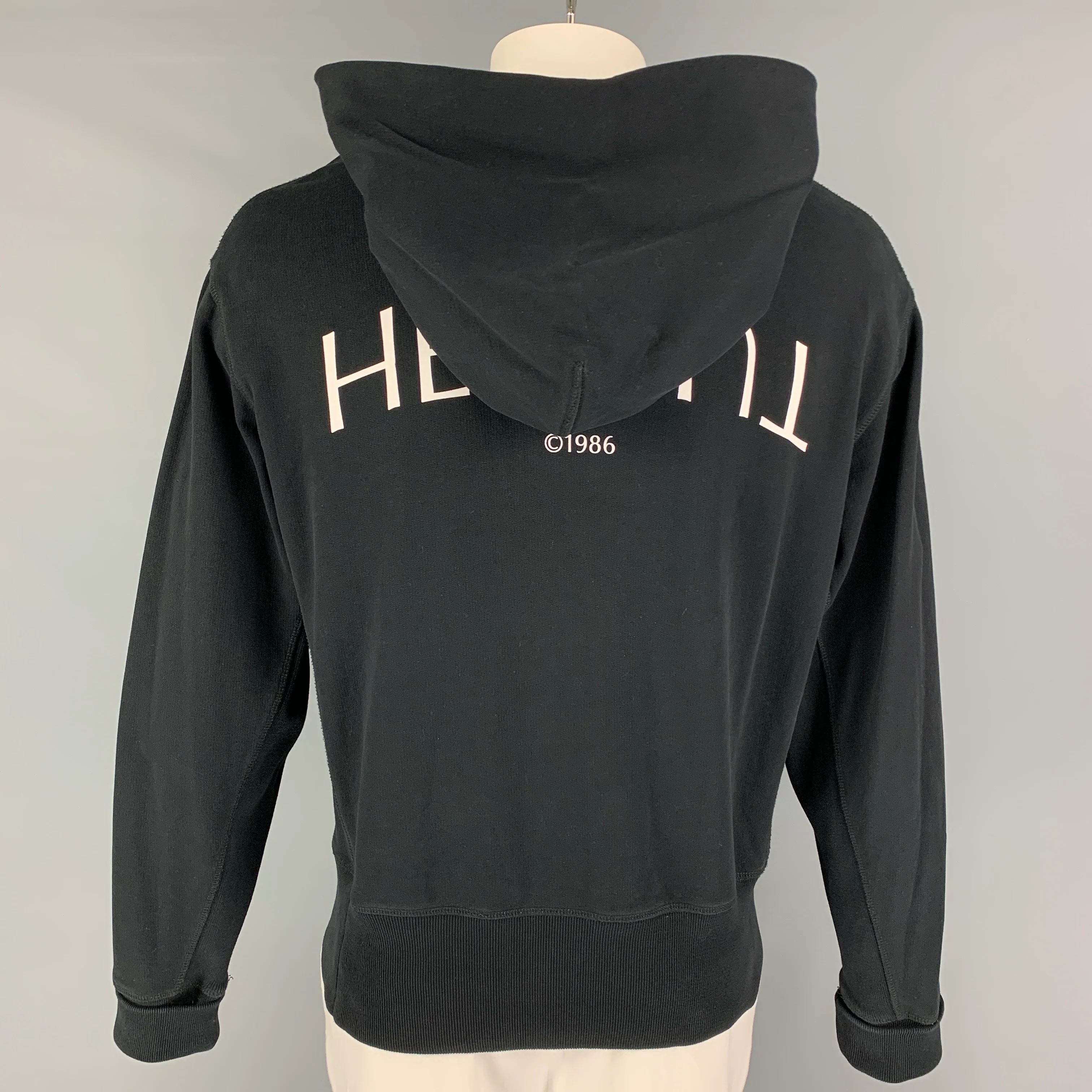 HELMUT LANG L'APOCALYPSE JOYEUSE 1986 Size XL Black White Cotton Hooded Sweatshirt - Image 4