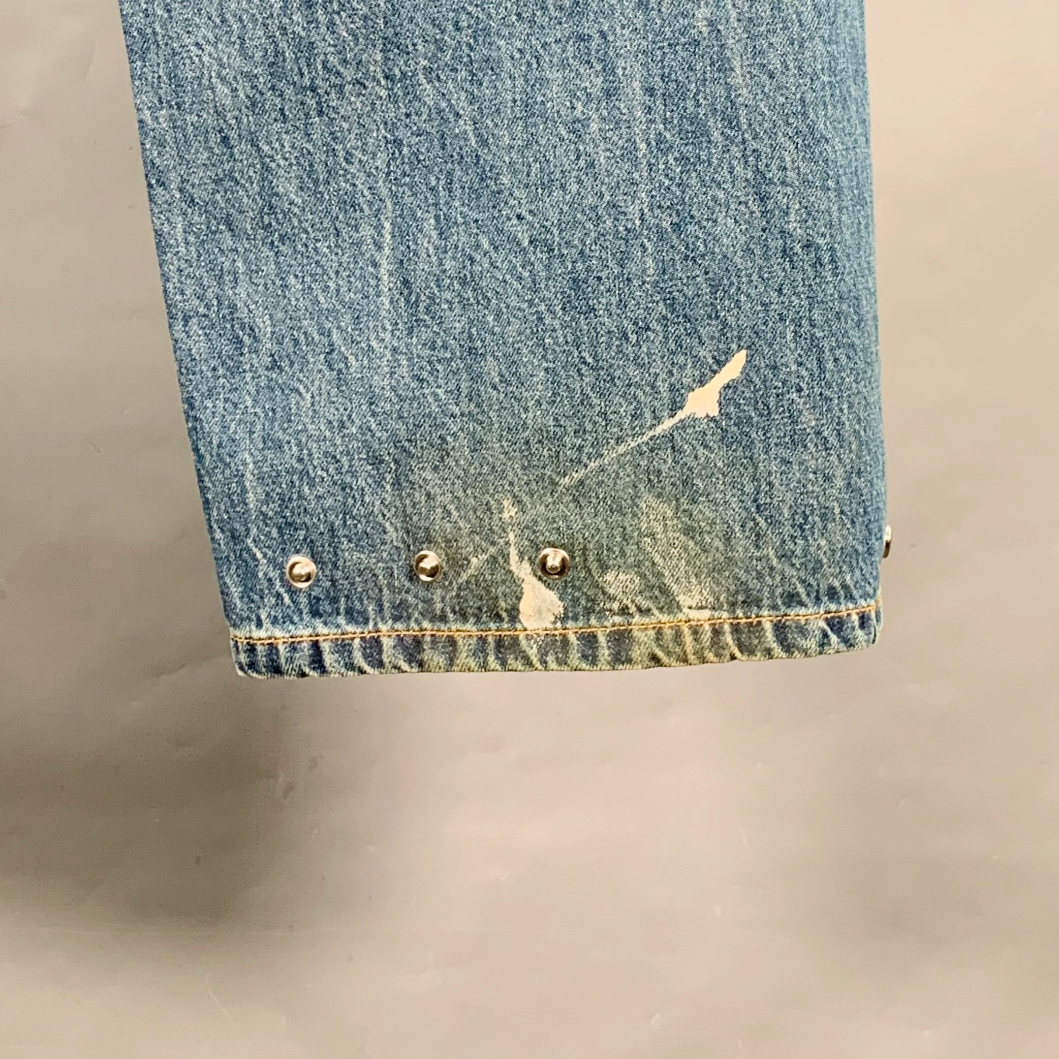 HELMUT LANG Size 32 Cropped Wide Leg Blue Paint Splatter Cotton Adjustable Five Pockets Jeans - Image 5