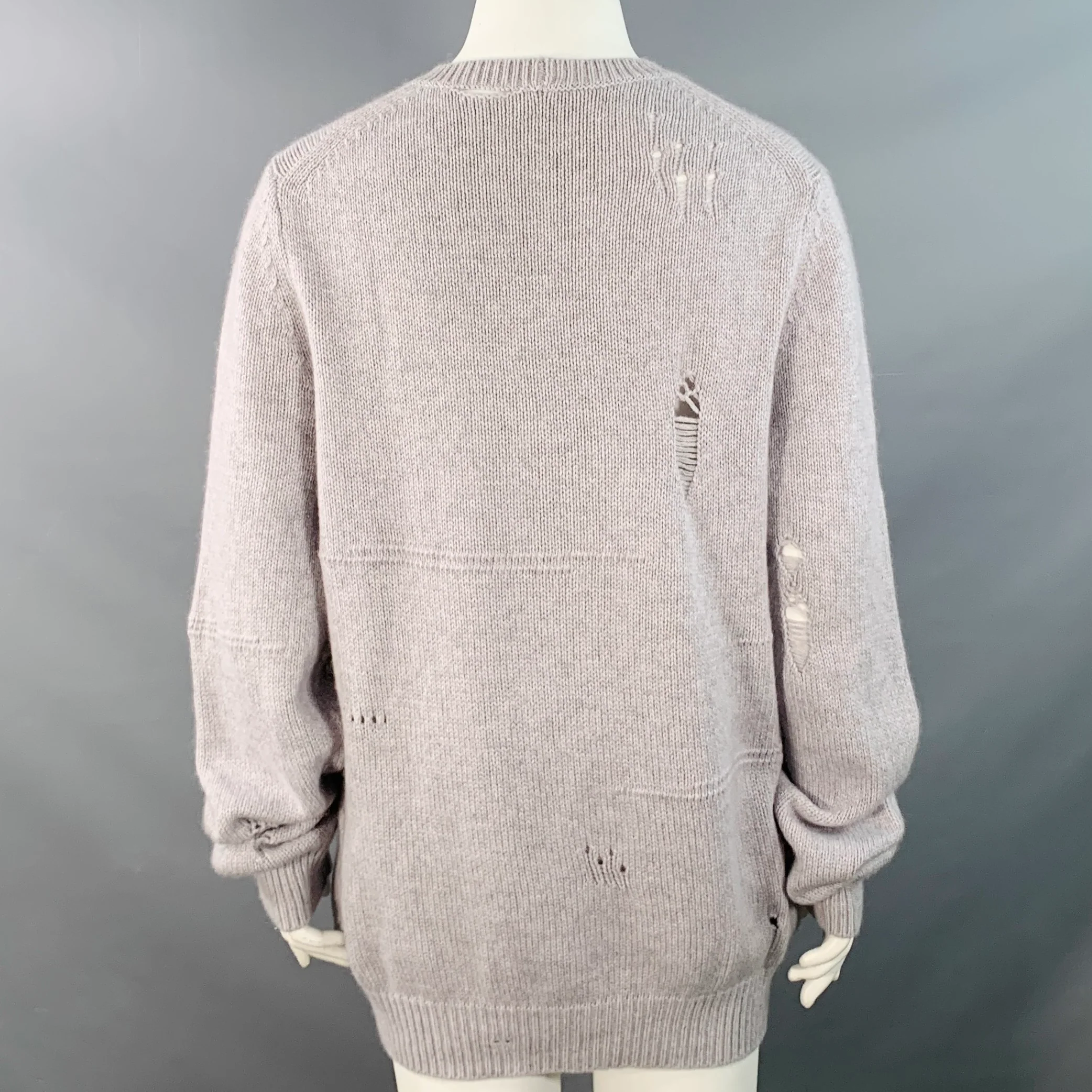 HELMUT LANG Size L Light Grey Wool Yak Cashmere Knit Distressed Crew Neck Sweater - Image 5