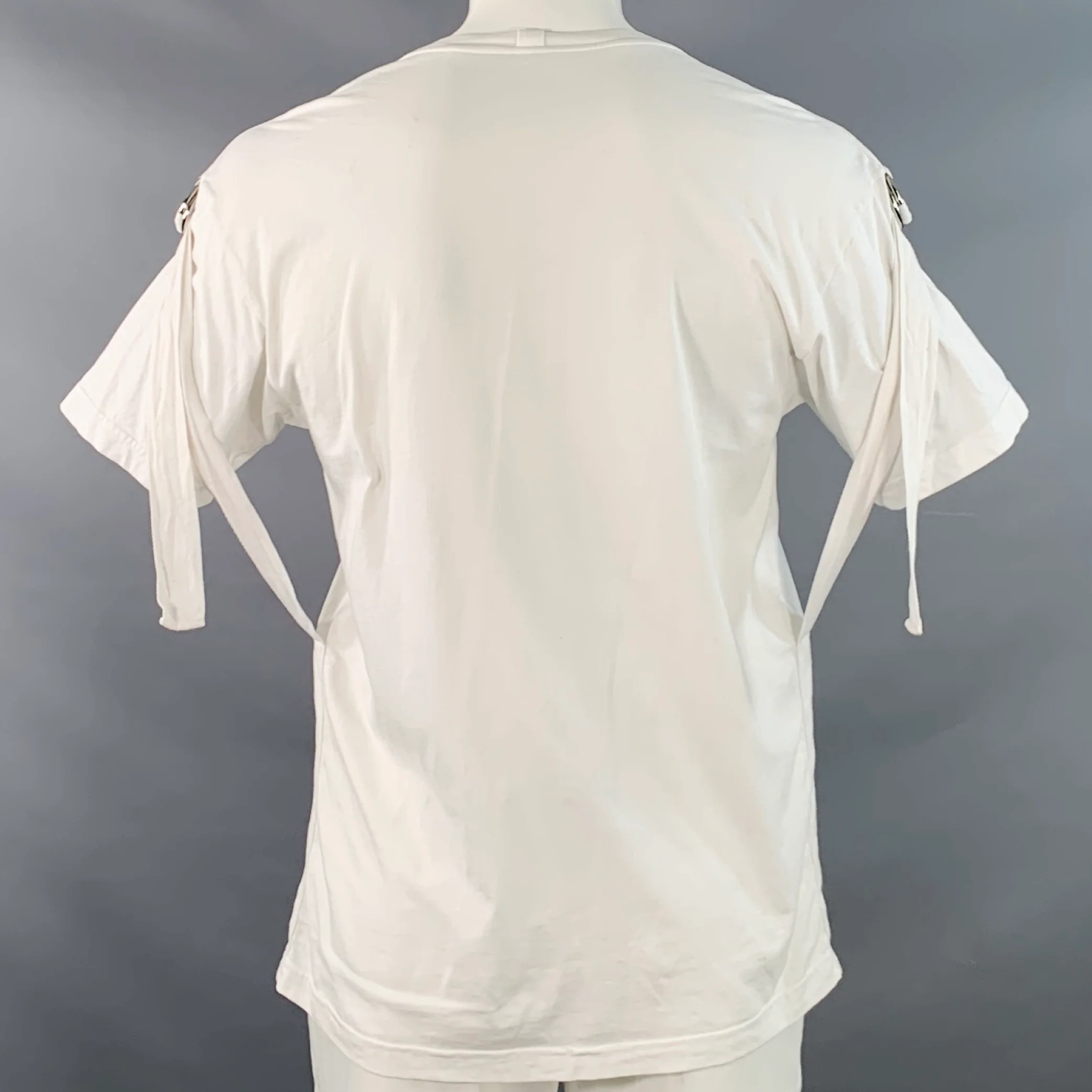 HELMUT LANG Size L White Cotton Jersey Crew Neck Straps Bondage T-shirt - Image 4
