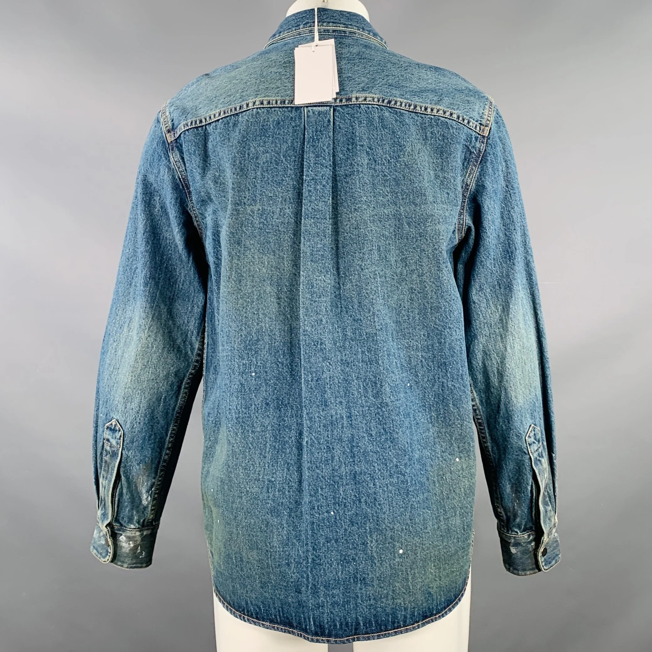 HELMUT LANG Size M Indigo Painter Blue Paint Splatter Cotton Denim One Pocket Long Sleeve Shirt - Image 3