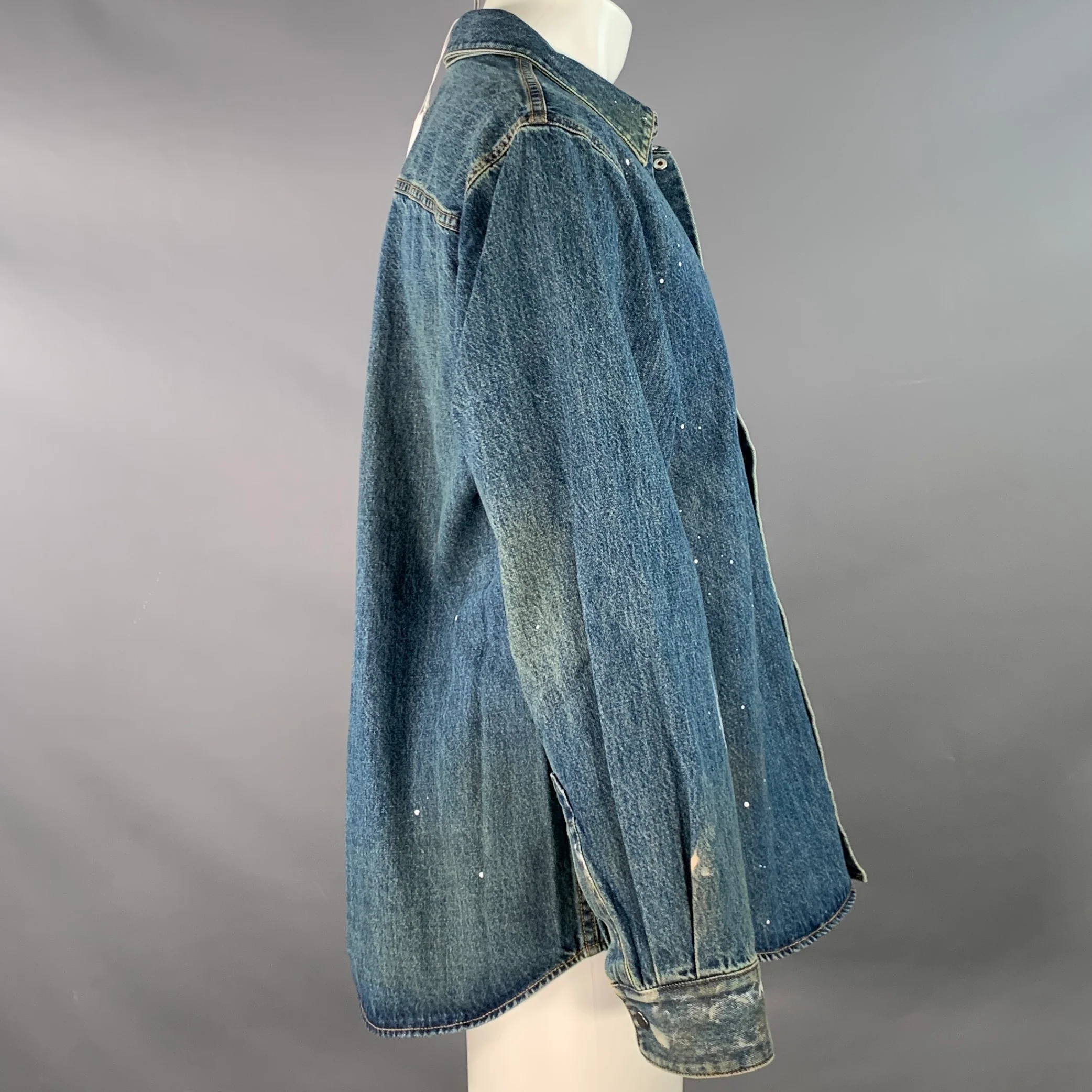 HELMUT LANG Size M Indigo Painter Blue Paint Splatter Cotton One Pocket Snaps Jacket - Image 2