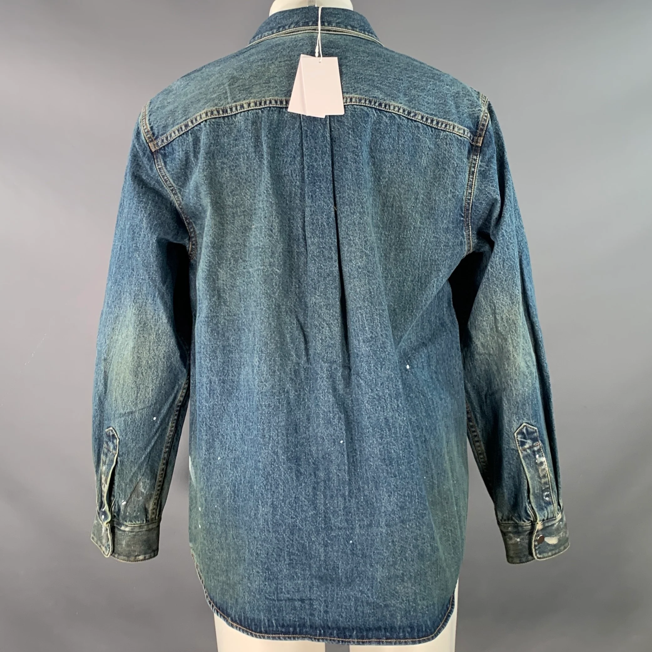 HELMUT LANG Size M Indigo Painter Blue Paint Splatter Cotton One Pocket Snaps Jacket - Image 3