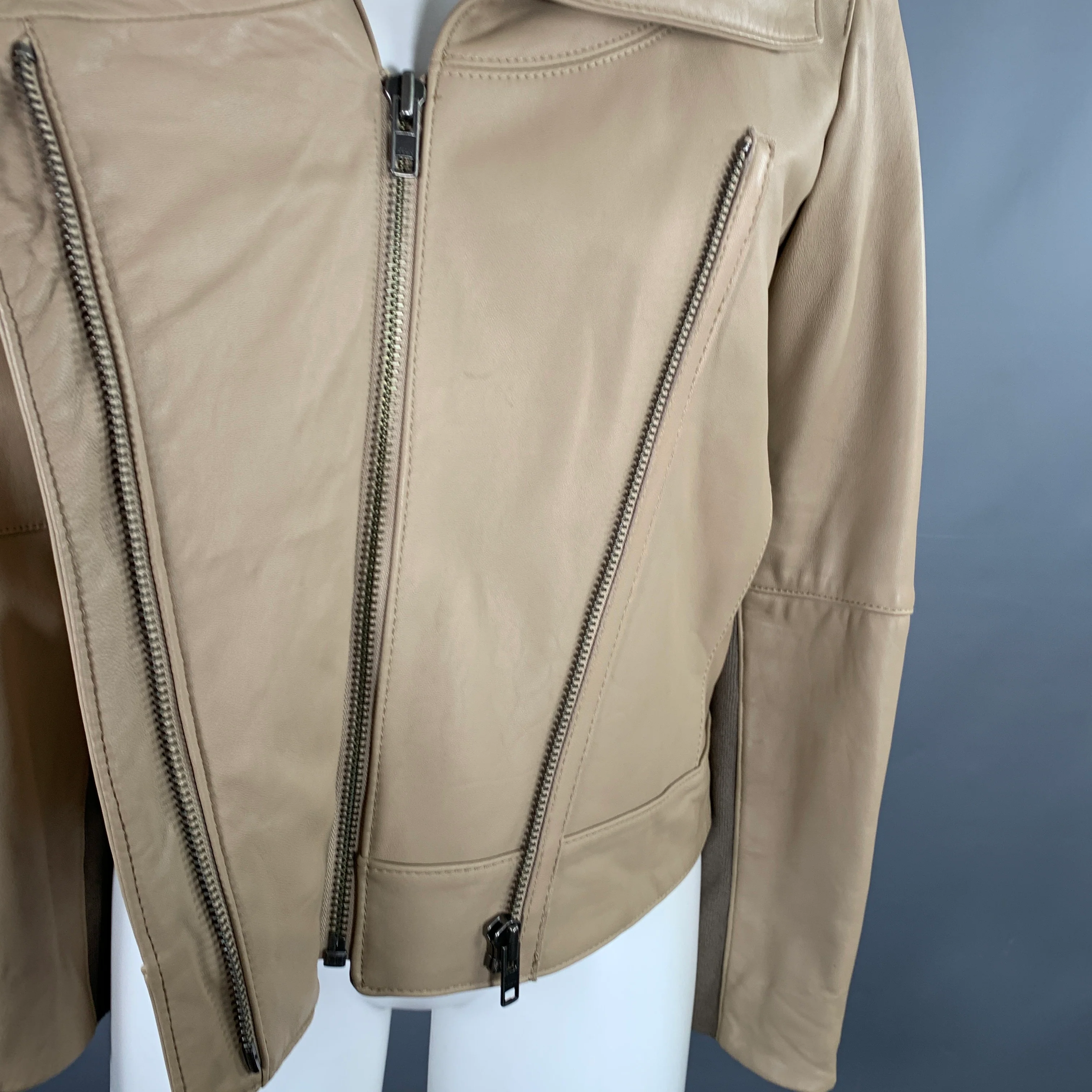 HELMUT LANG Size S Beige Leather Lambskin Motorcycle Jacket - Image 4
