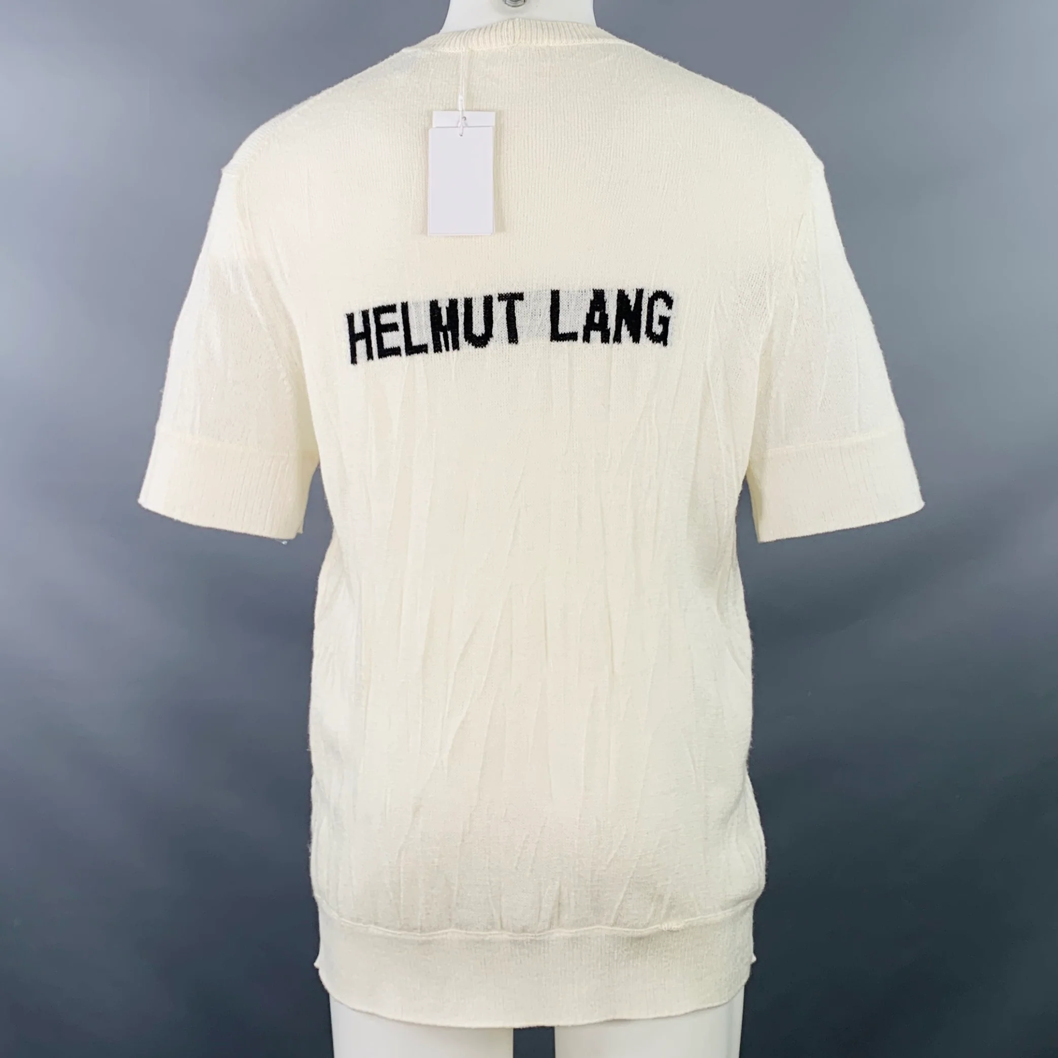 HELMUT LANG Size S Cream Ivory Knit Merino Wool Blend Crushed Short Sleeve T-shirt - Image 4