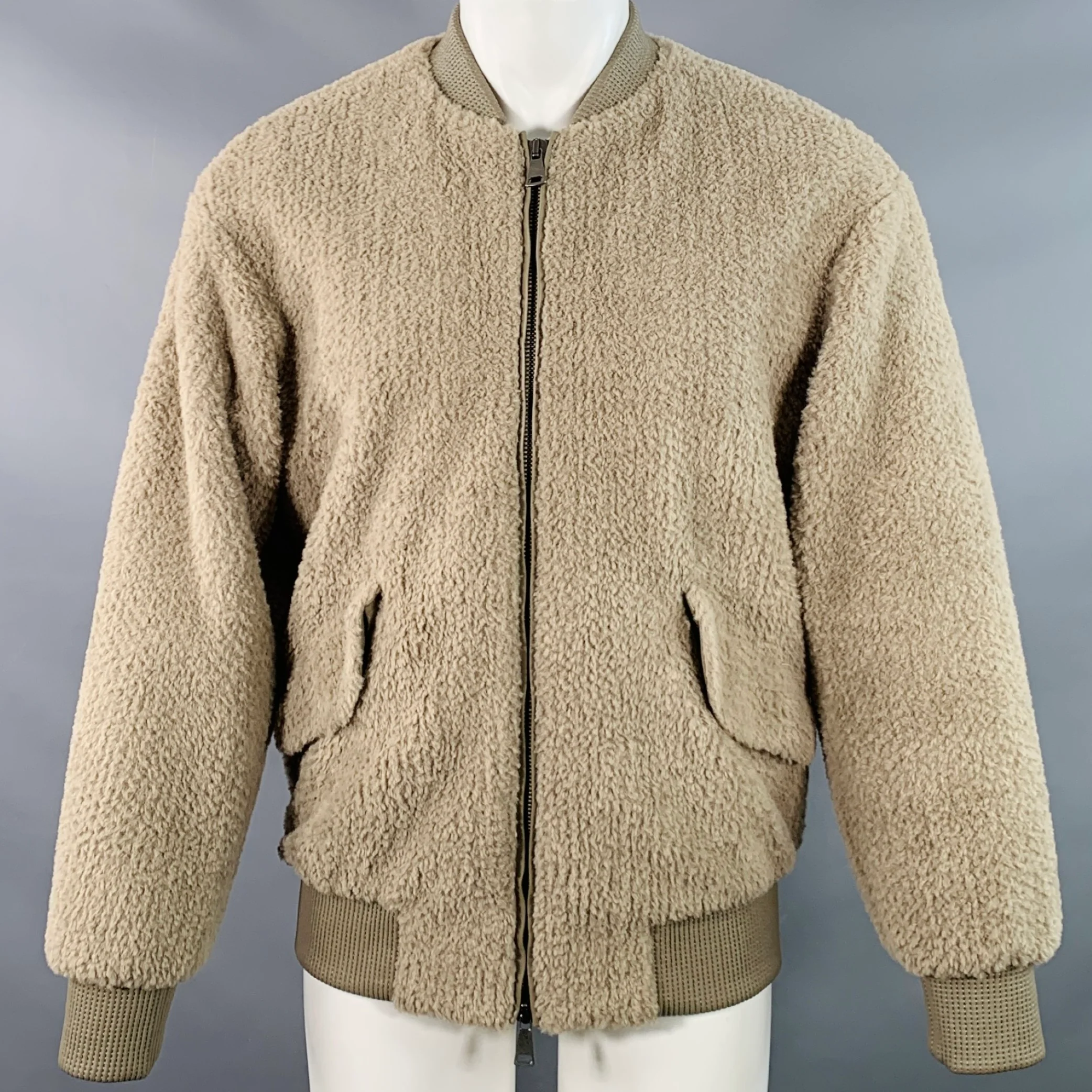 HELMUT LANG Size S Grey Textured Polyester Faux Fur Zip Up Bomber Jacket