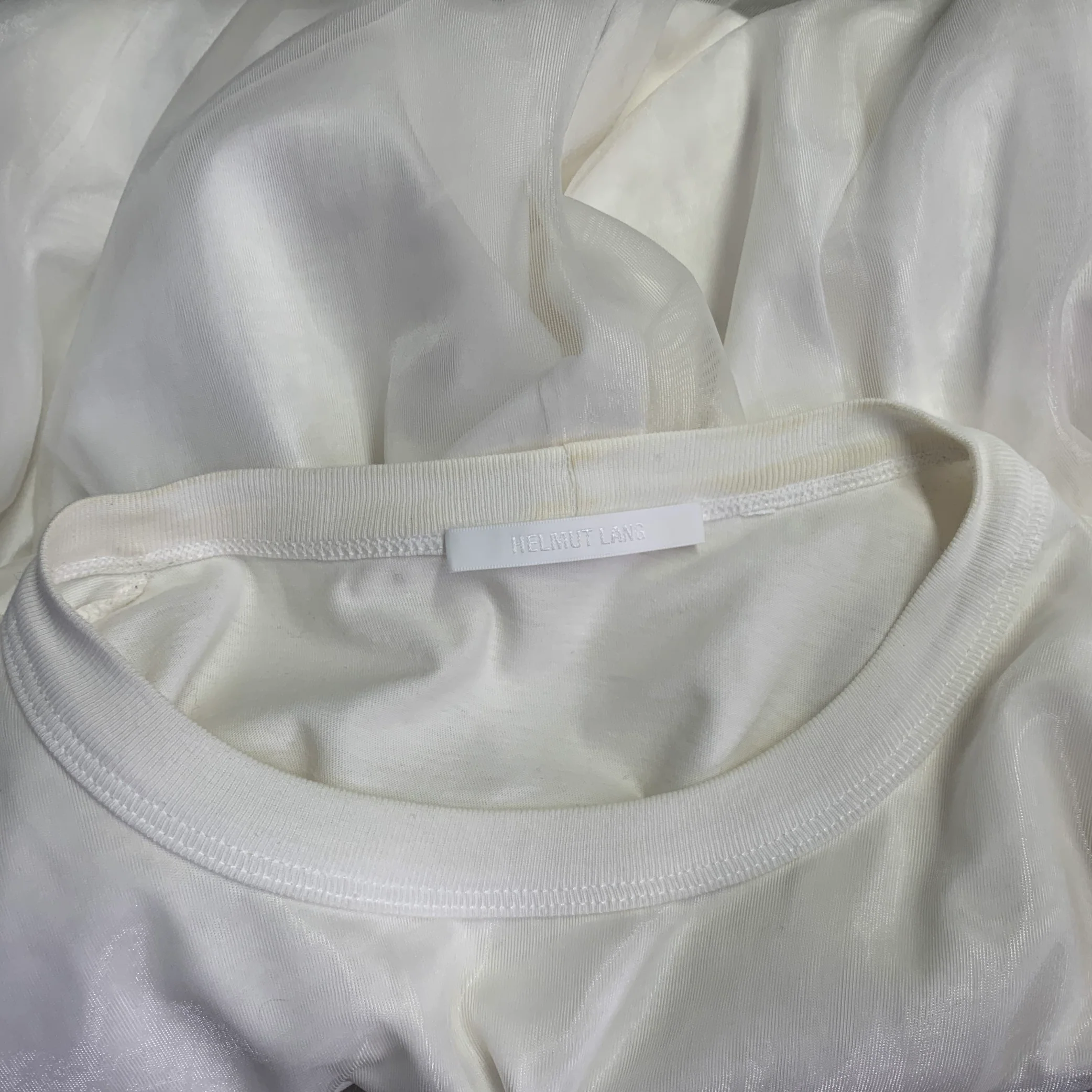 HELMUT LANG Size XL White Cotton Blend Chiffon Double Layer Crew Neck Pullover - Image 8
