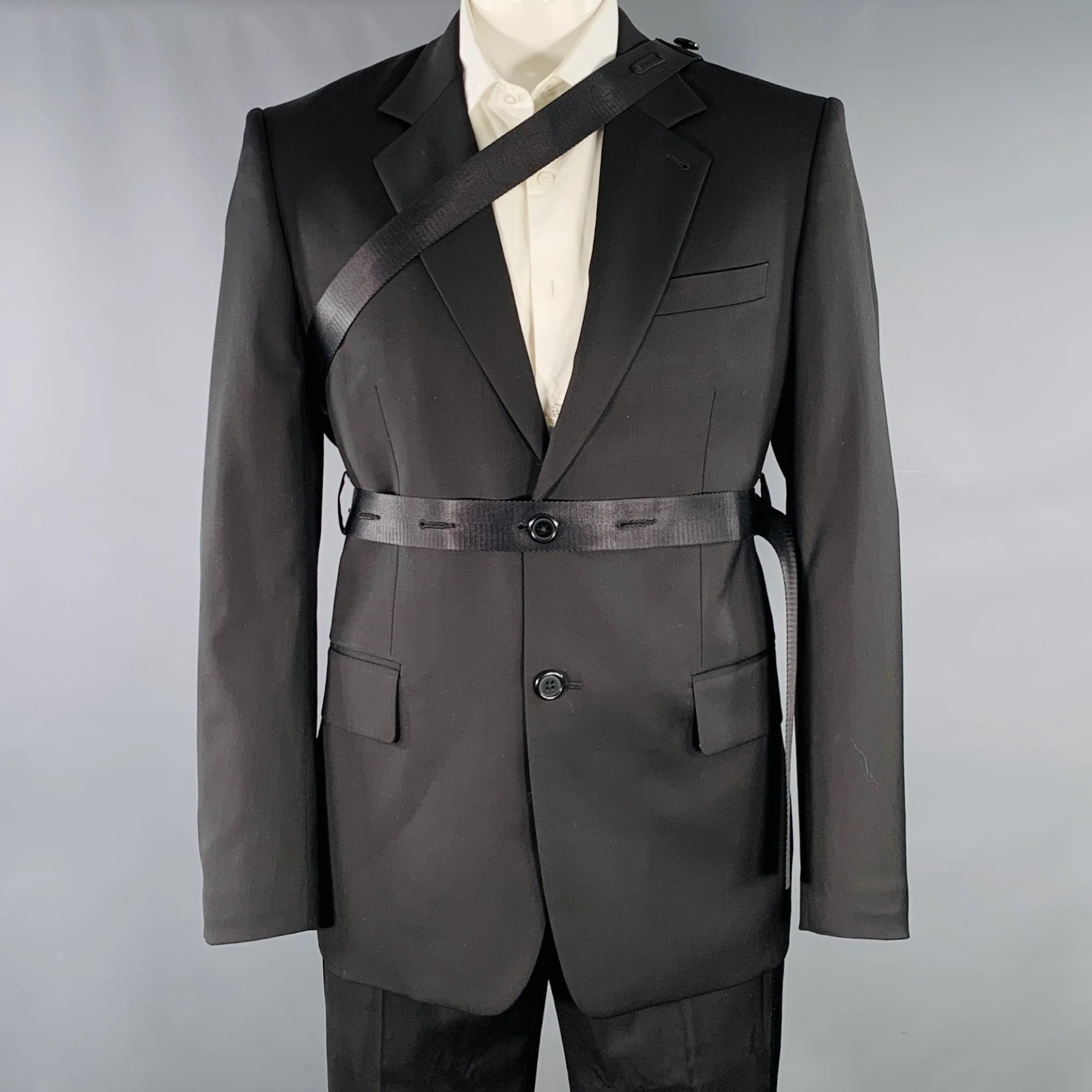 HELMUT LANG SS24 Size 42 Black Wool Notch Lapel Seatbelt Suit