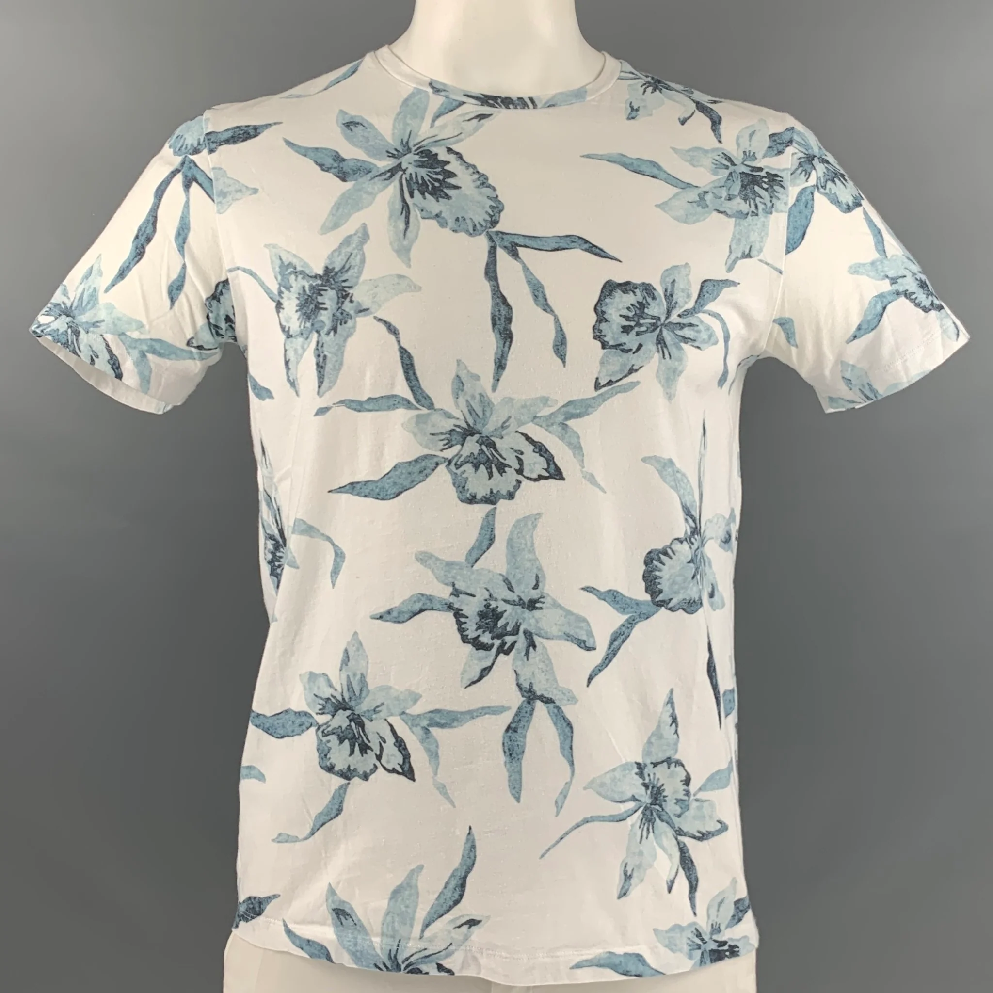 HENTSCH MAN Size L White Navy Floral Cotton Crew Neck T-shirt