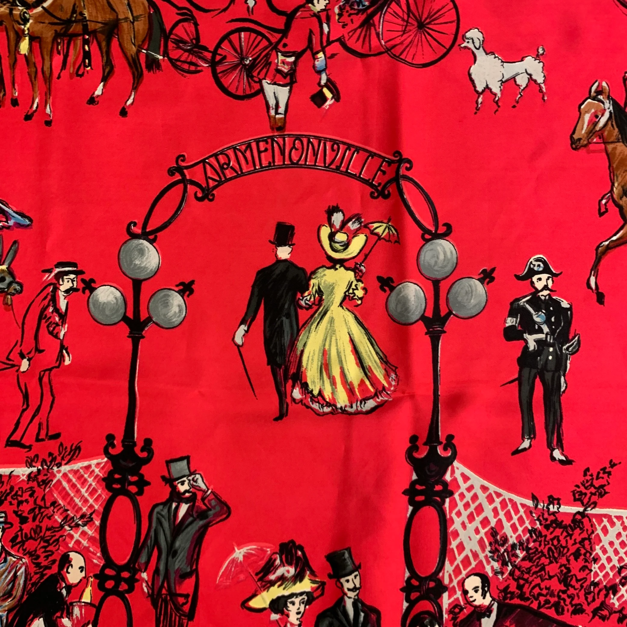 HERMES 1961 Jean-Louis Clerc -Armenonville- Red Black Figures Silk Scarf - Image 3