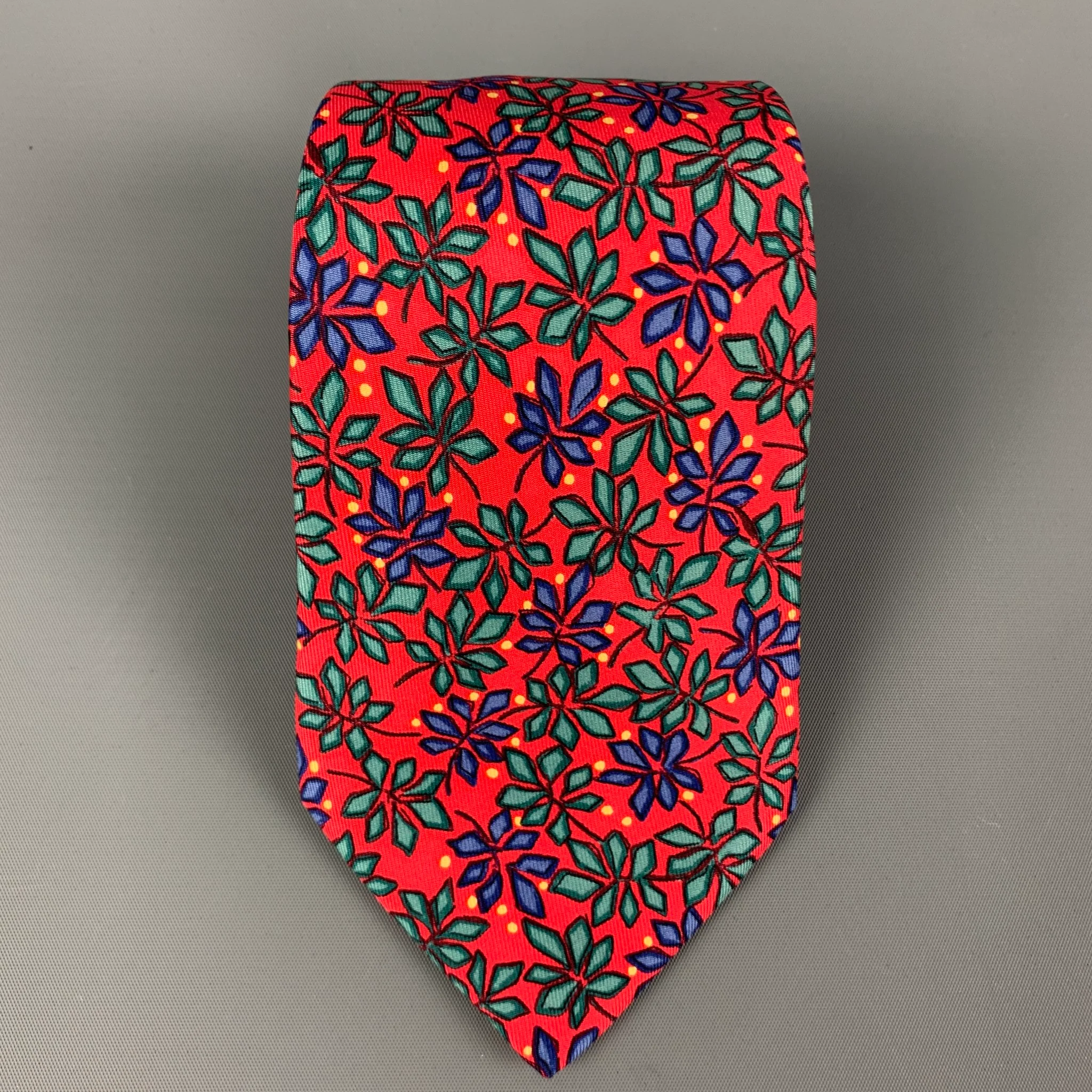 HERMES 7365 PA Red Multi-Color Poinsettias Print Silk Tie