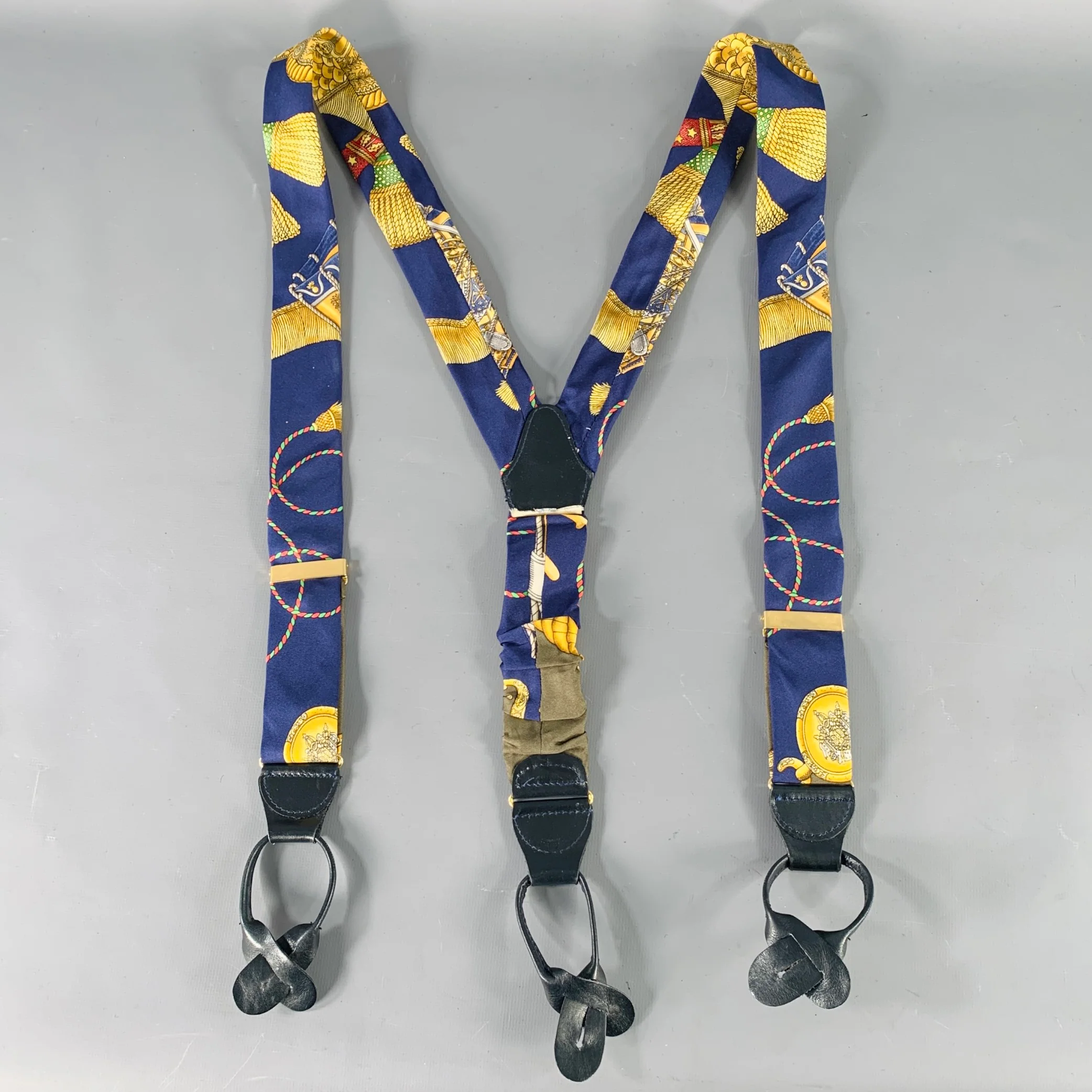 HERMES Black Gold Tassels Satin Leather Suspenders