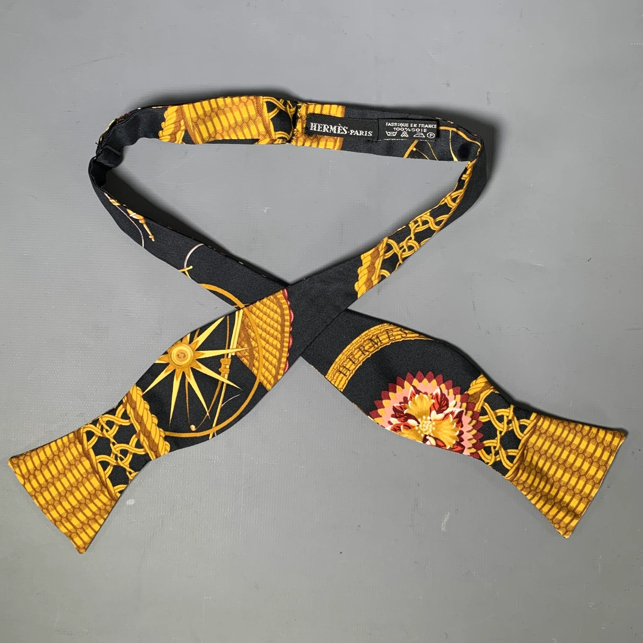 HERMES Black Multi-Color Basket Weave Silk Bow Tie
