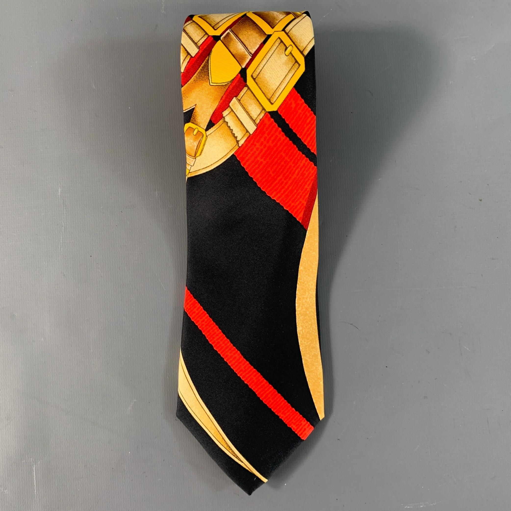 HERMES Black Red & Gold Equestrian Silk Tie - Image 3