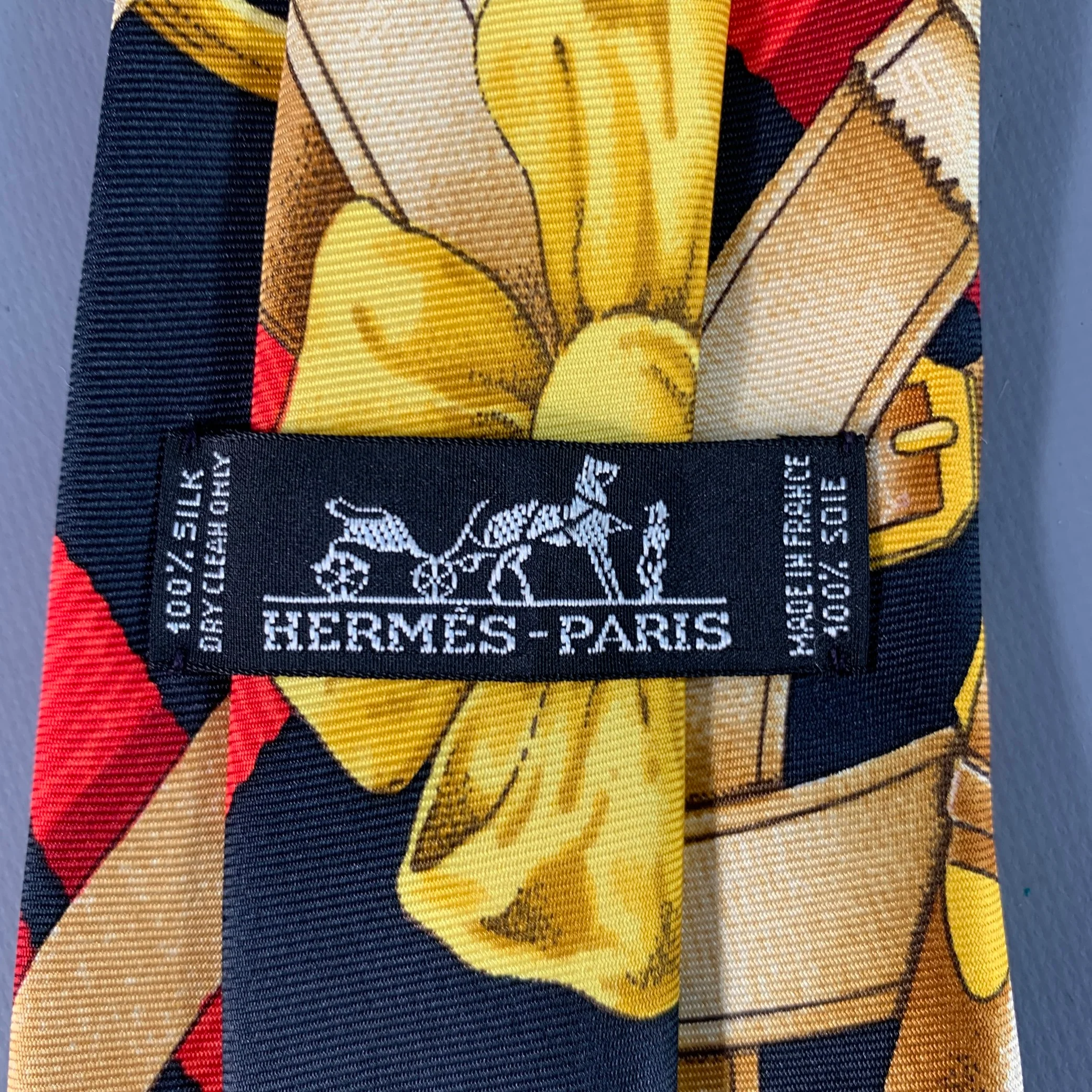 HERMES Black Red & Gold Equestrian Silk Tie - Image 4