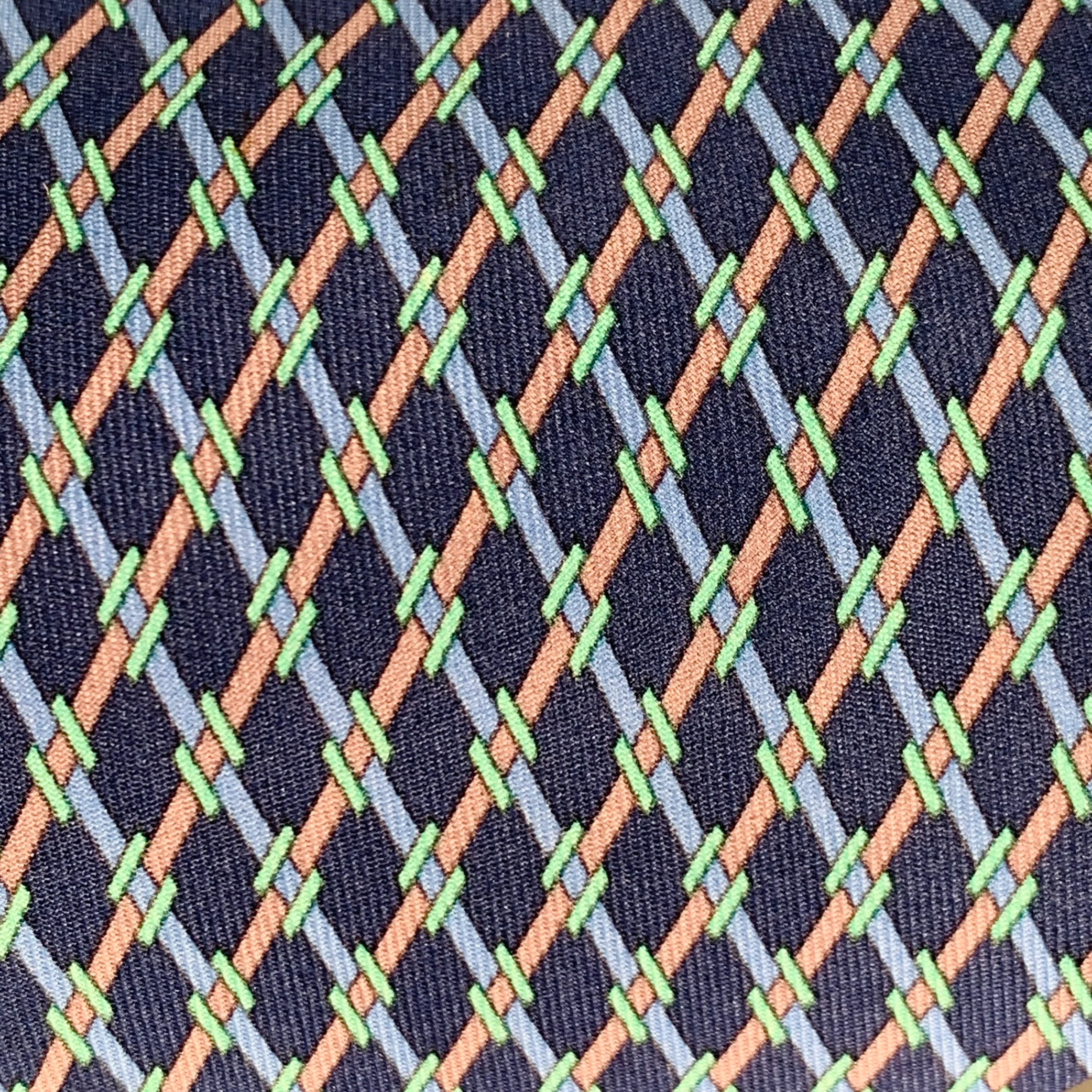 HERMES Blue Green Checkered Silk Tie - Image 2