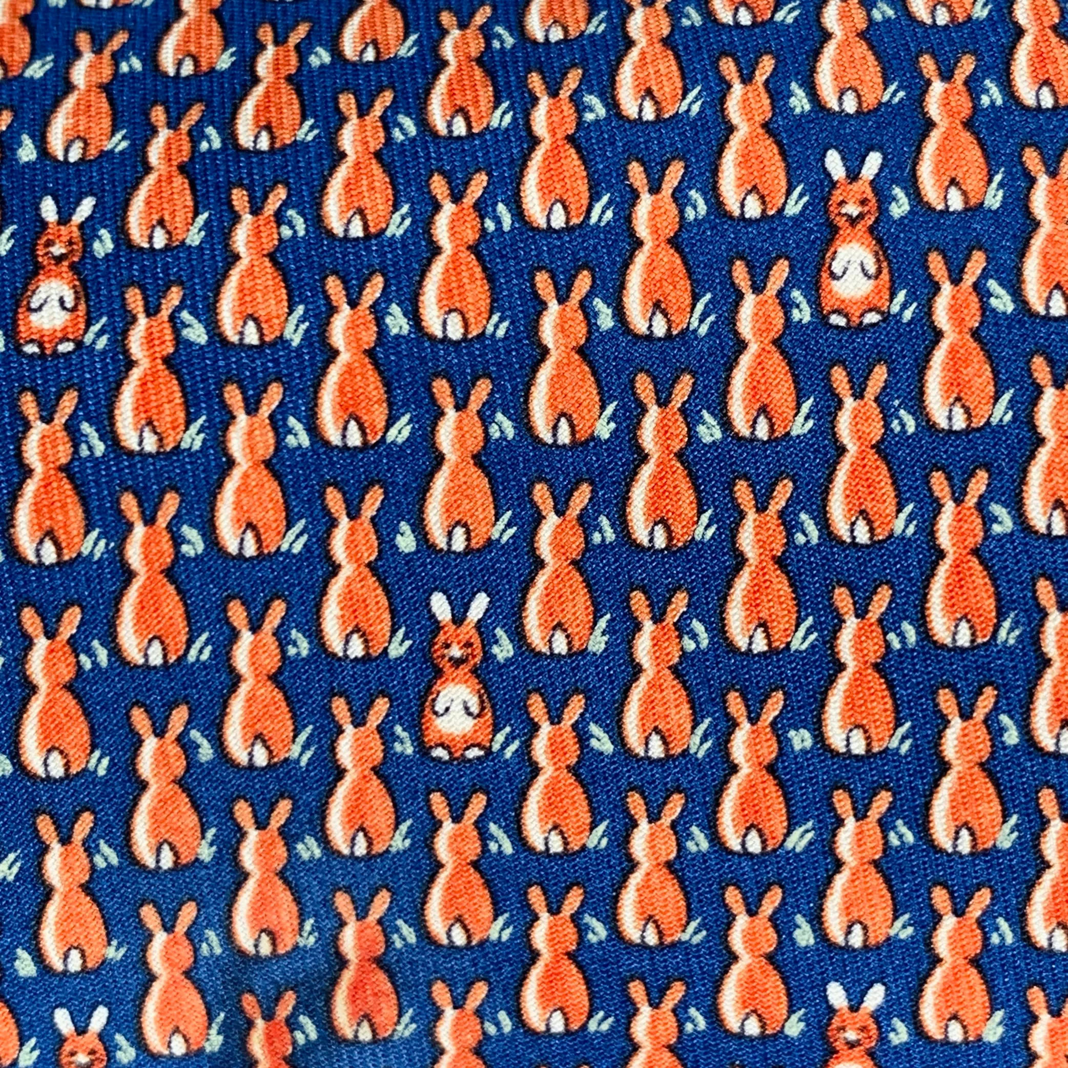 HERMES Navy Orange Rabbits Silk Tie - Image 2