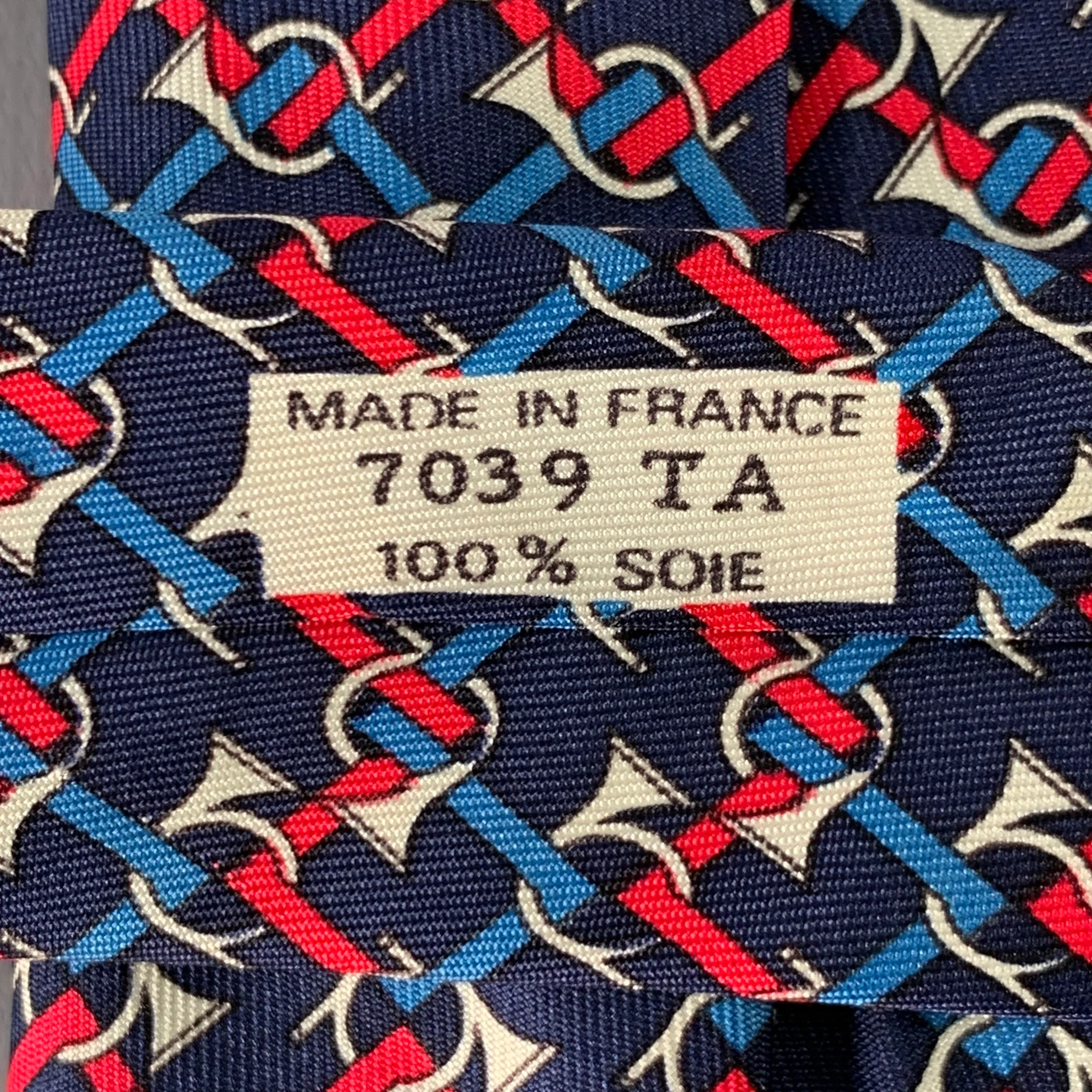 HERMES Navy Red Blue Woven Musical Horns Silk Tie - Image 5