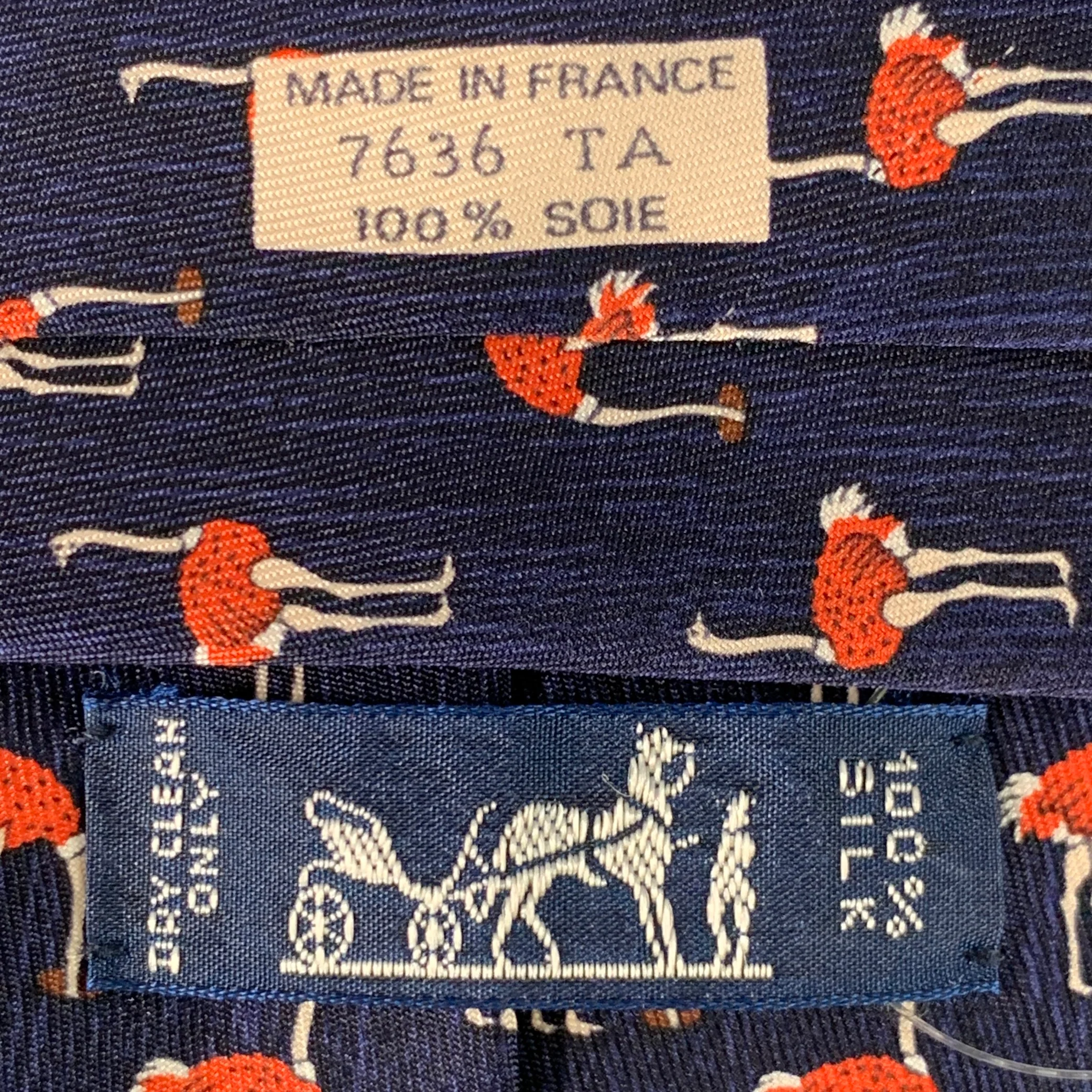 HERMES Navy Red Ostrich Birds Silk Tie - Image 4