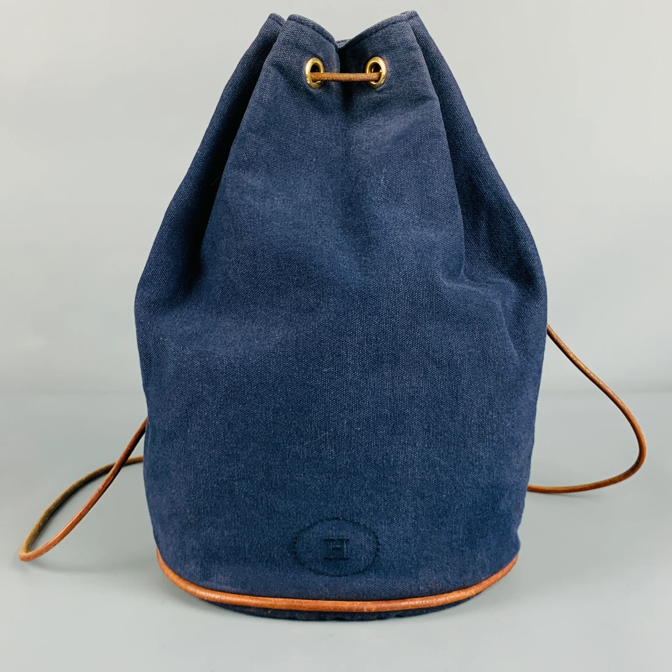 HERMES Navy Tan Cotton Leather Drawstring Bucket Bag