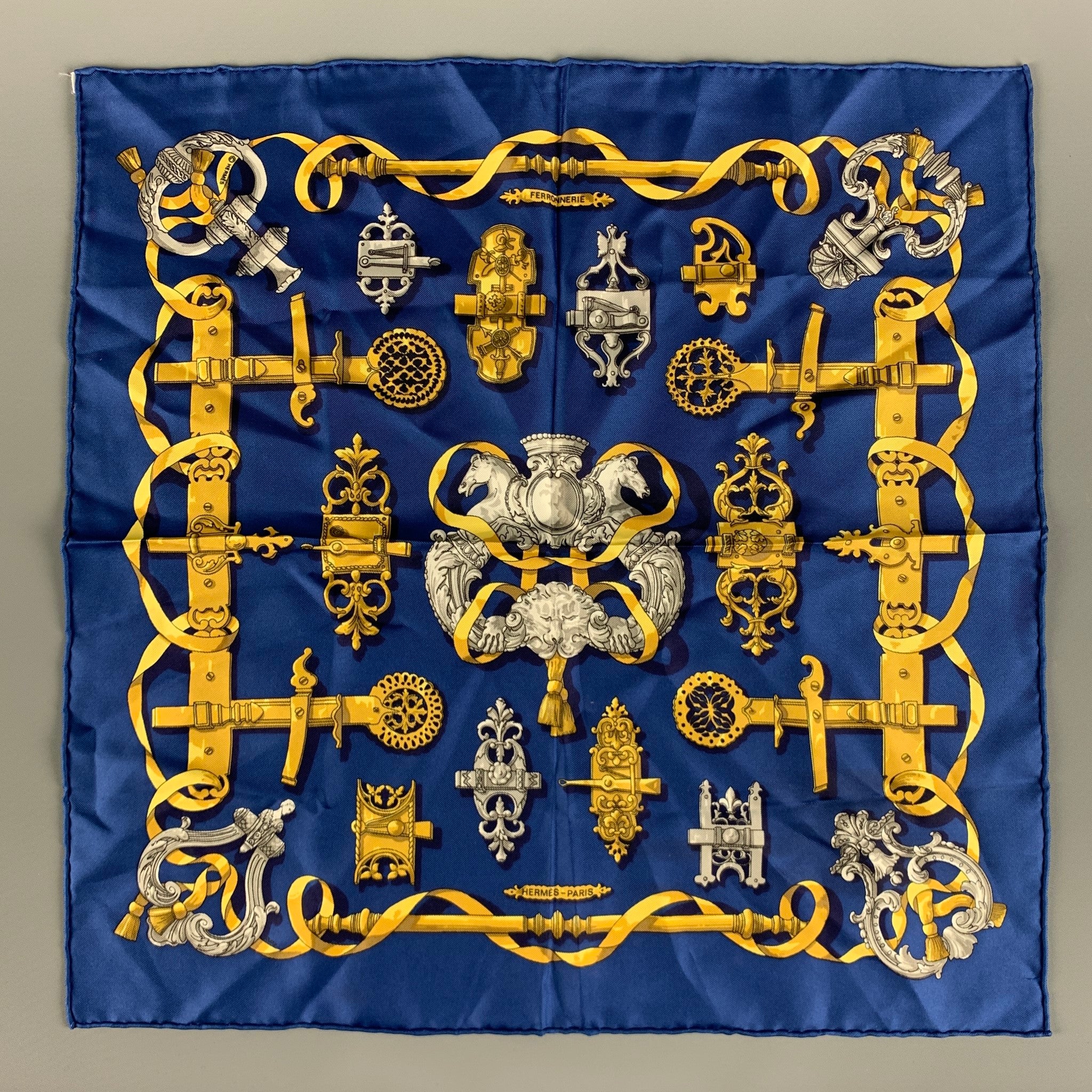 HERMES Navy Yellow Baroque Silk Pocket Square - Image 2