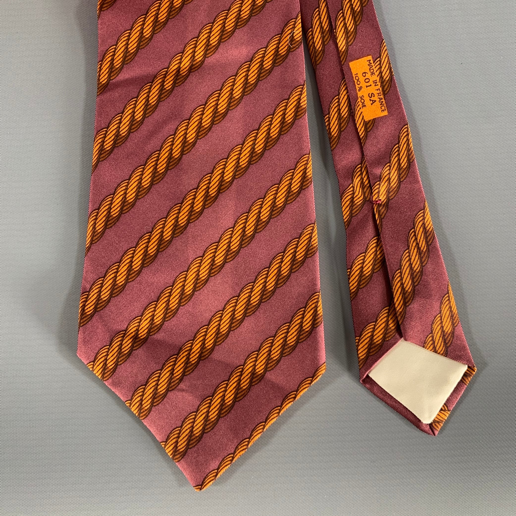 HERMES Orange Burgundy Rope Silk Cashmere Tie