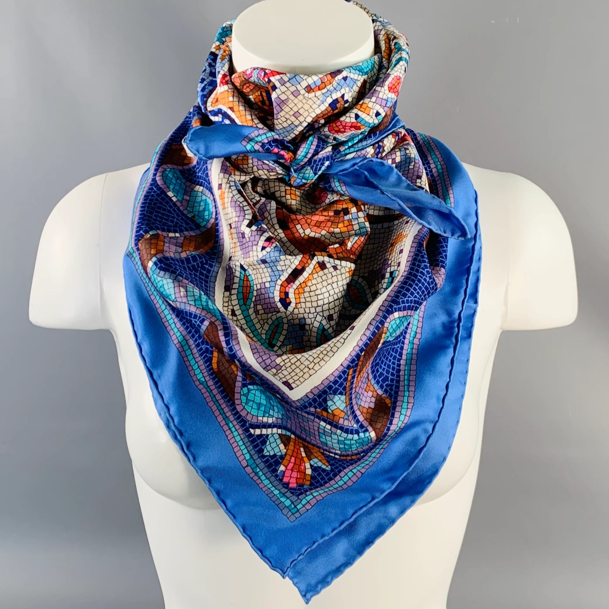 HERMES Pavement Blue Multi Color Mosaic Print Square Silk Scarf Shawl