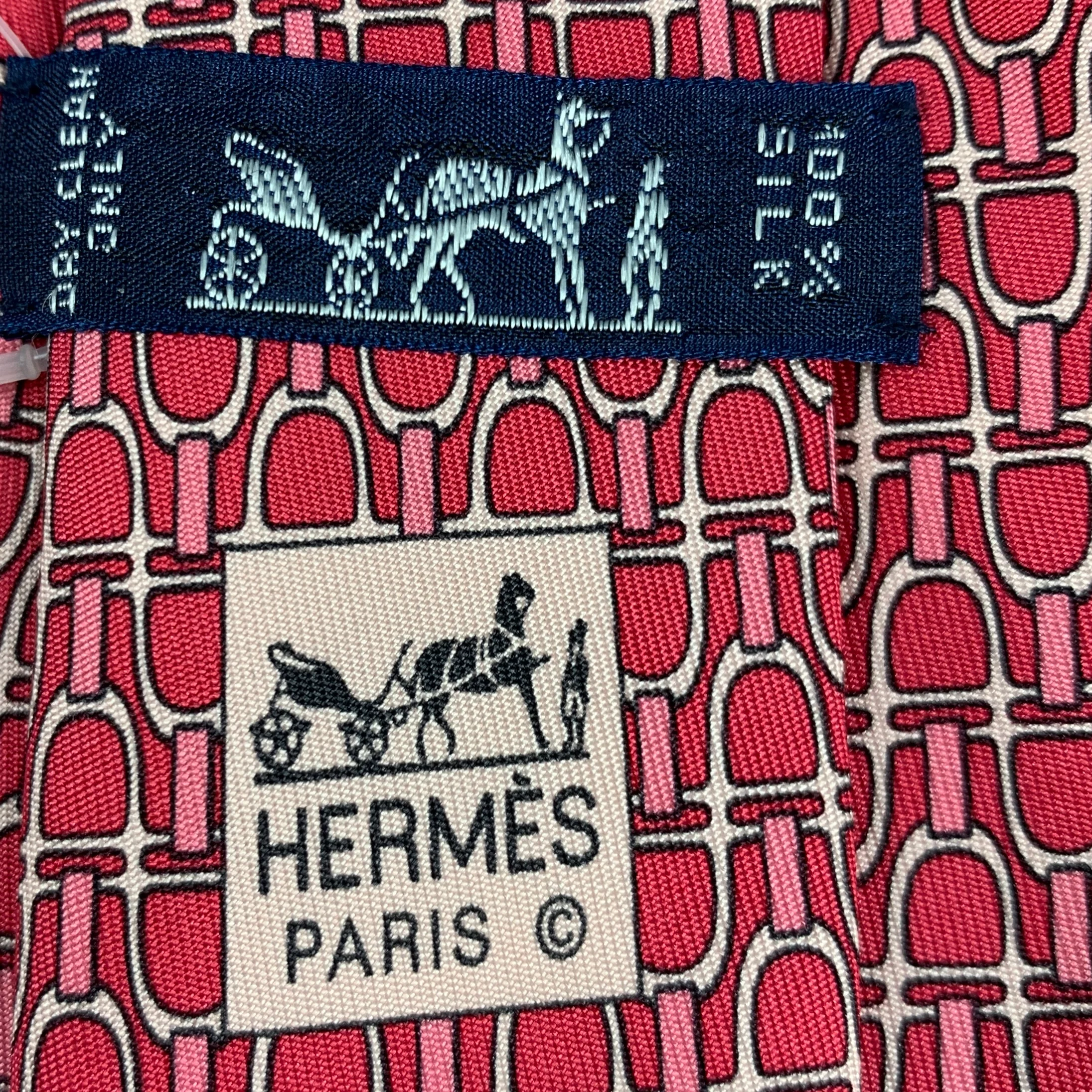 HERMES Pink White Equestrian Silk Tie - Image 3