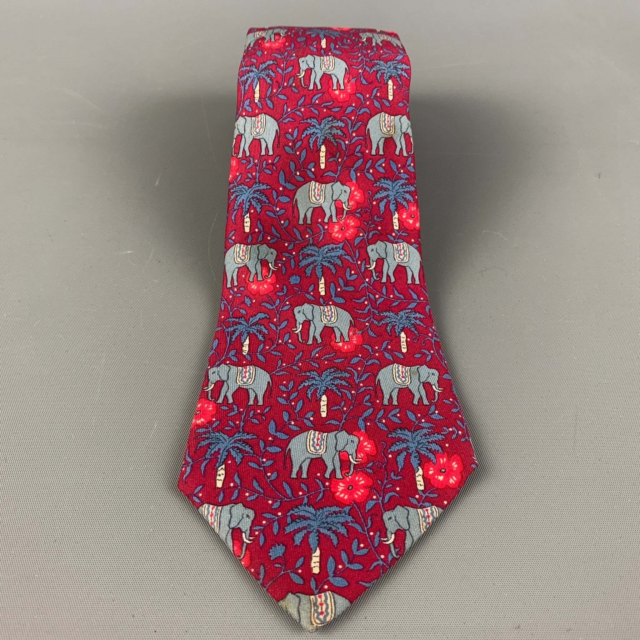 HERMES Red &  Blue Elephants Silk Tie - Image 2