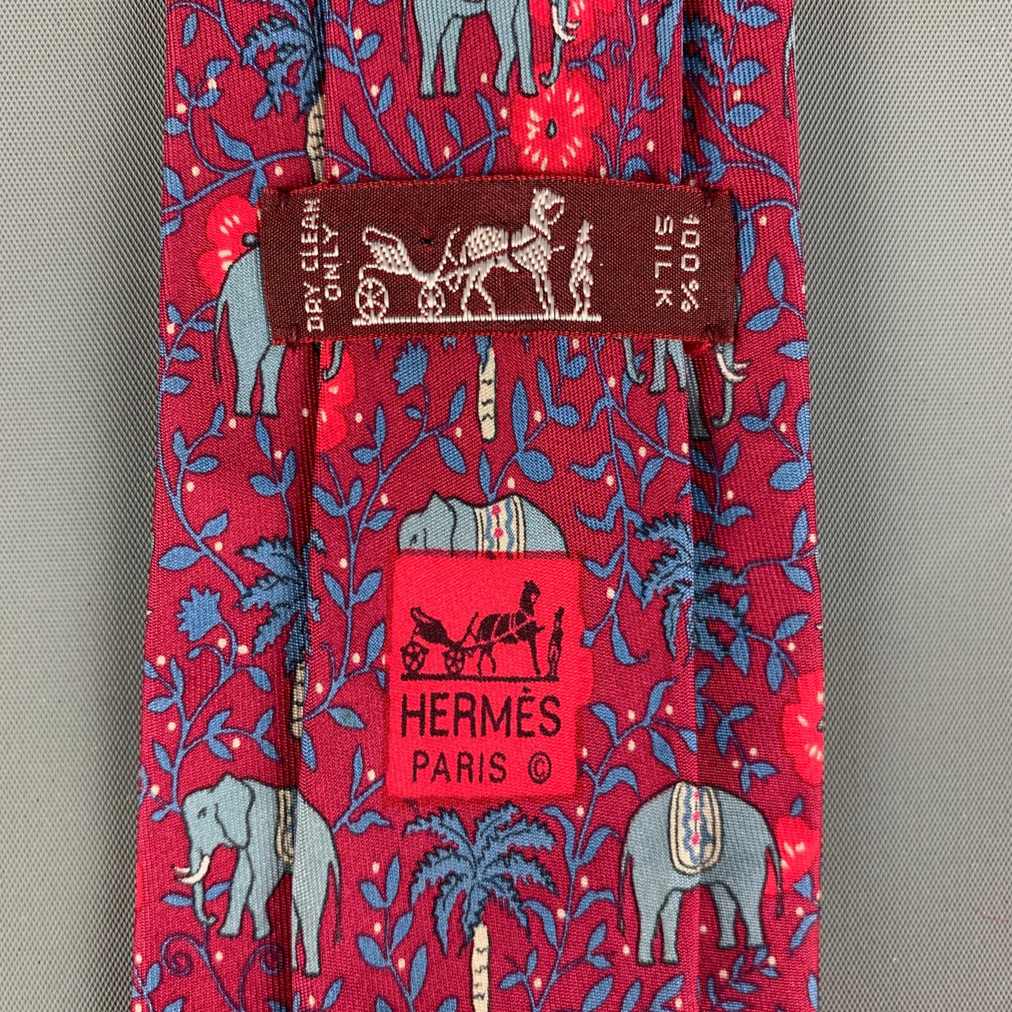 HERMES Red &  Blue Elephants Silk Tie - Image 4