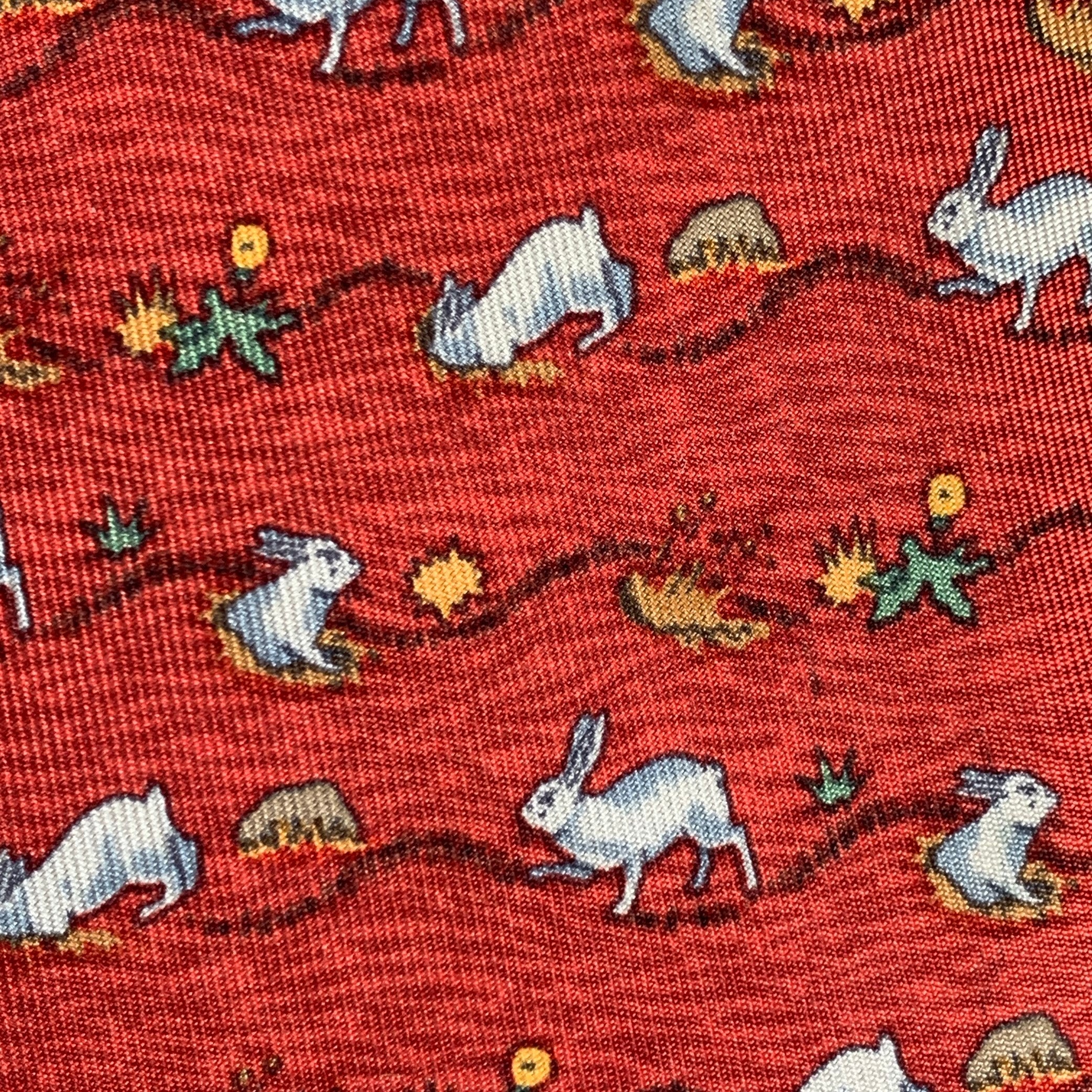 HERMES Red White Rabbits Silk Tie - Image 2
