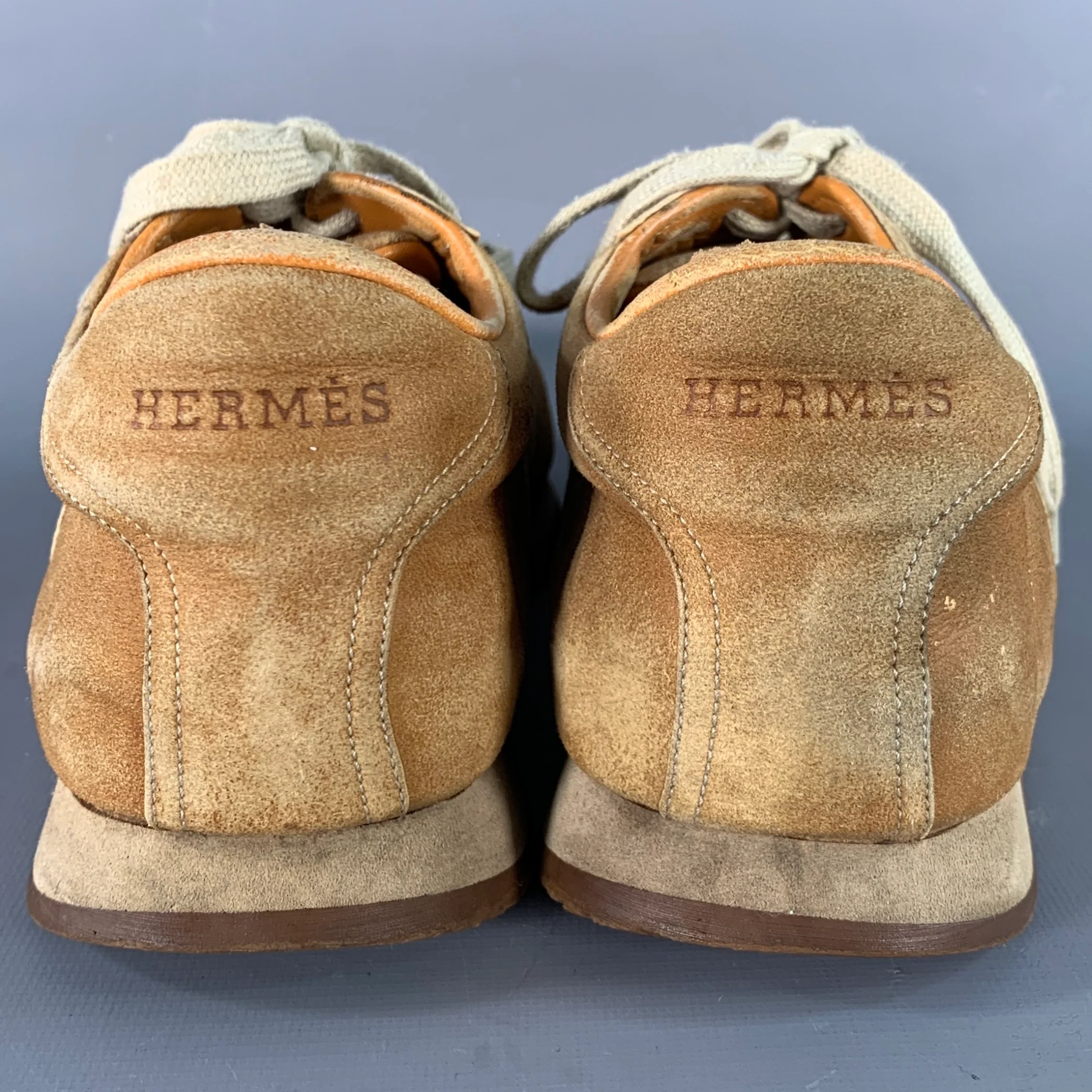 HERMES Size 10.5 Tan Nubuck Monogram Low Top Sneakers - Image 3