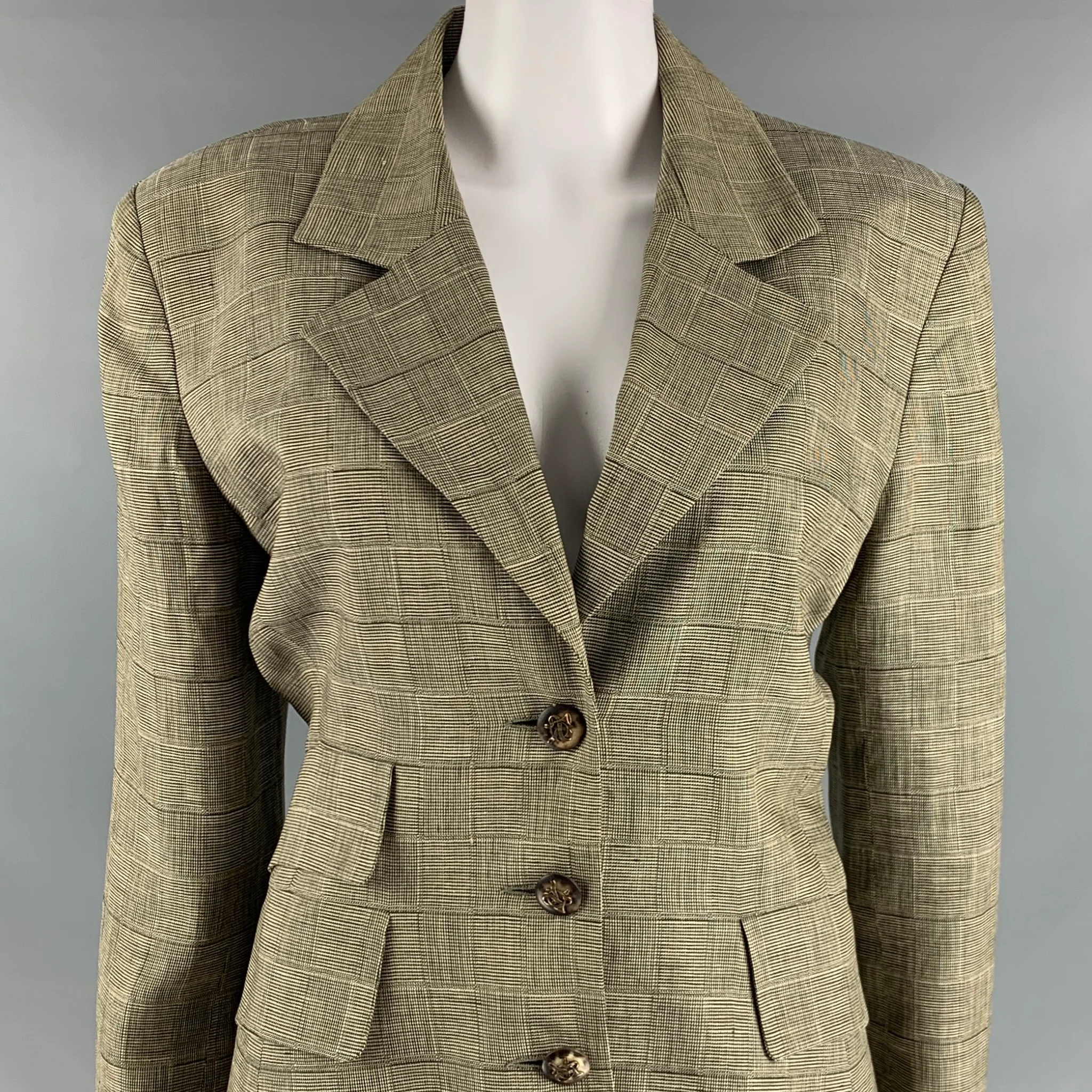 HERMES Size 10 Brown Beige Linen Plaid Single Breasted Skirt Suit - Image 4