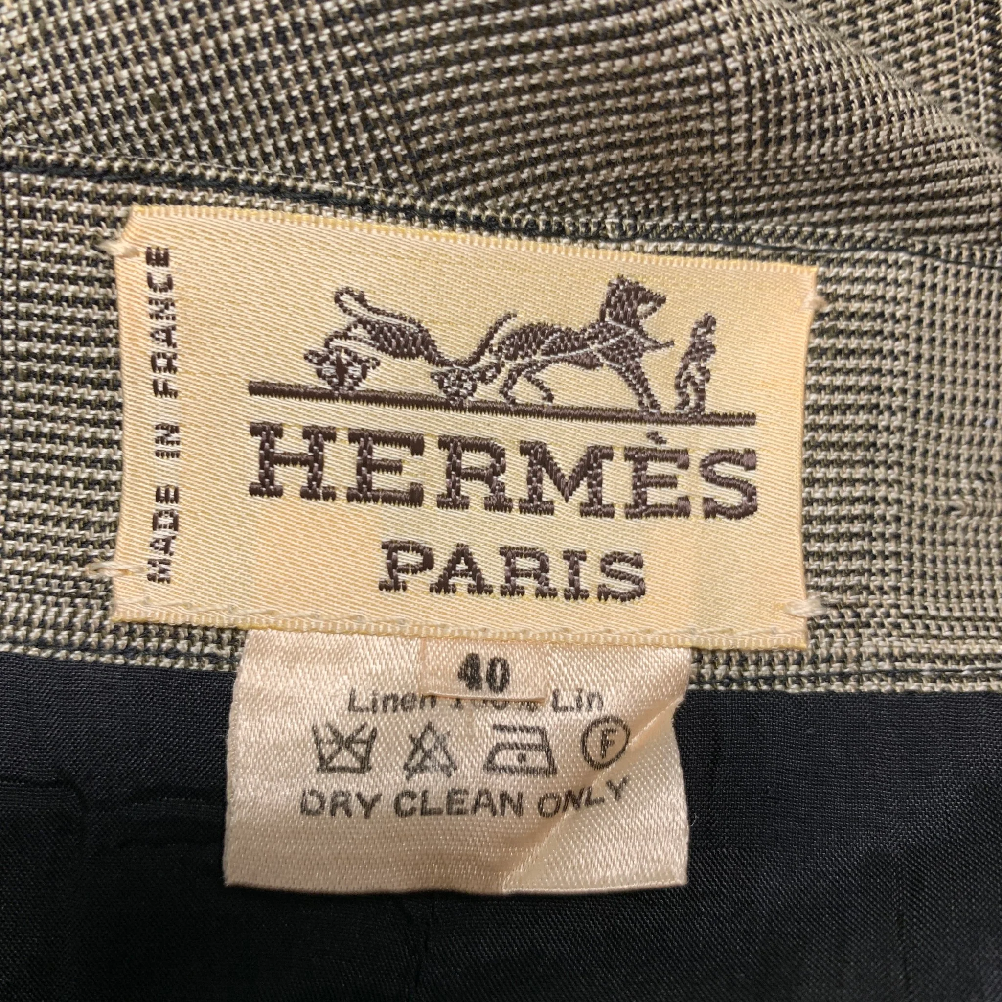 HERMES Size 10 Brown Beige Linen Plaid Single Breasted Skirt Suit - Image 9