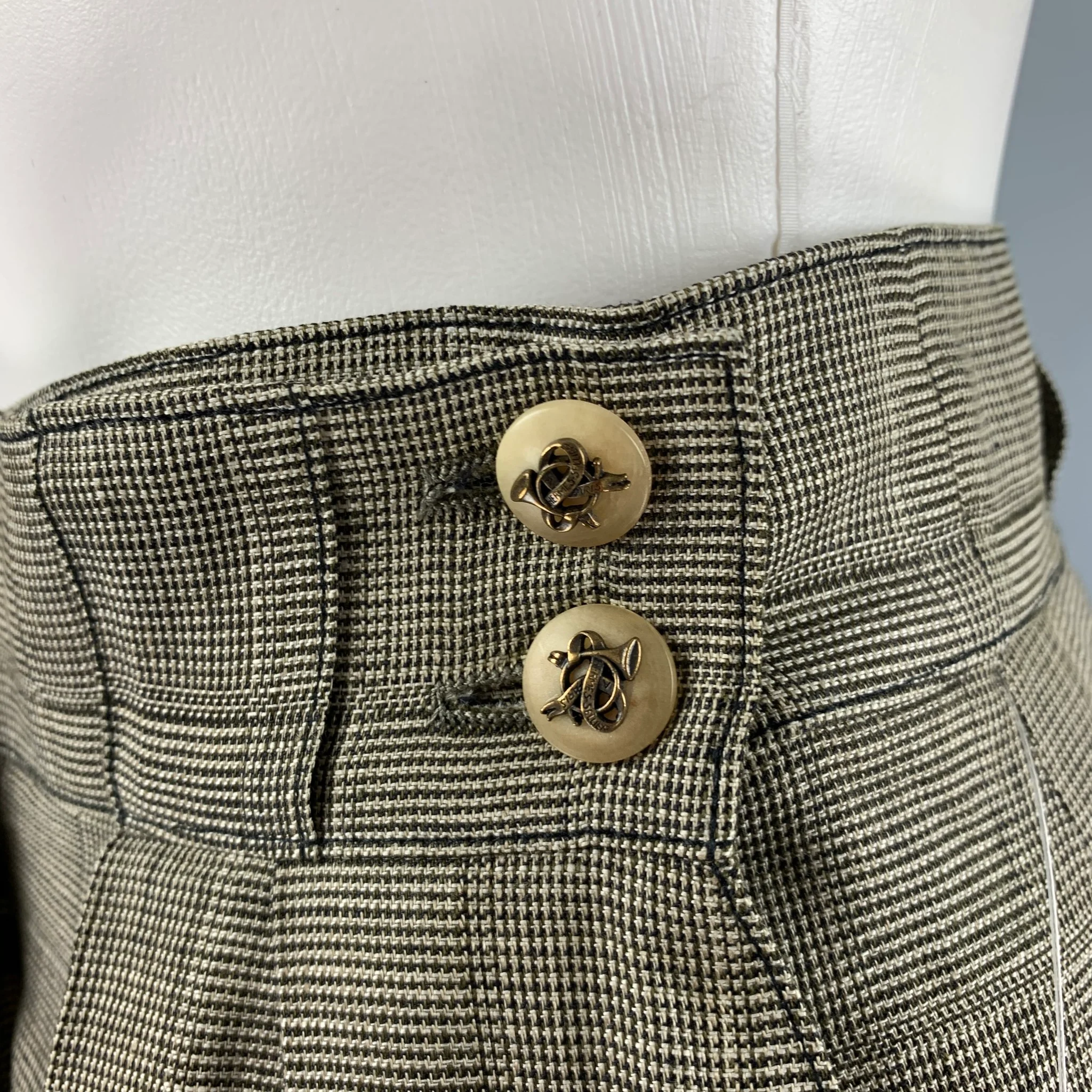 HERMES Size 24 Brown Beige Linen Plaid High Waisted Dress Pants - Image 2