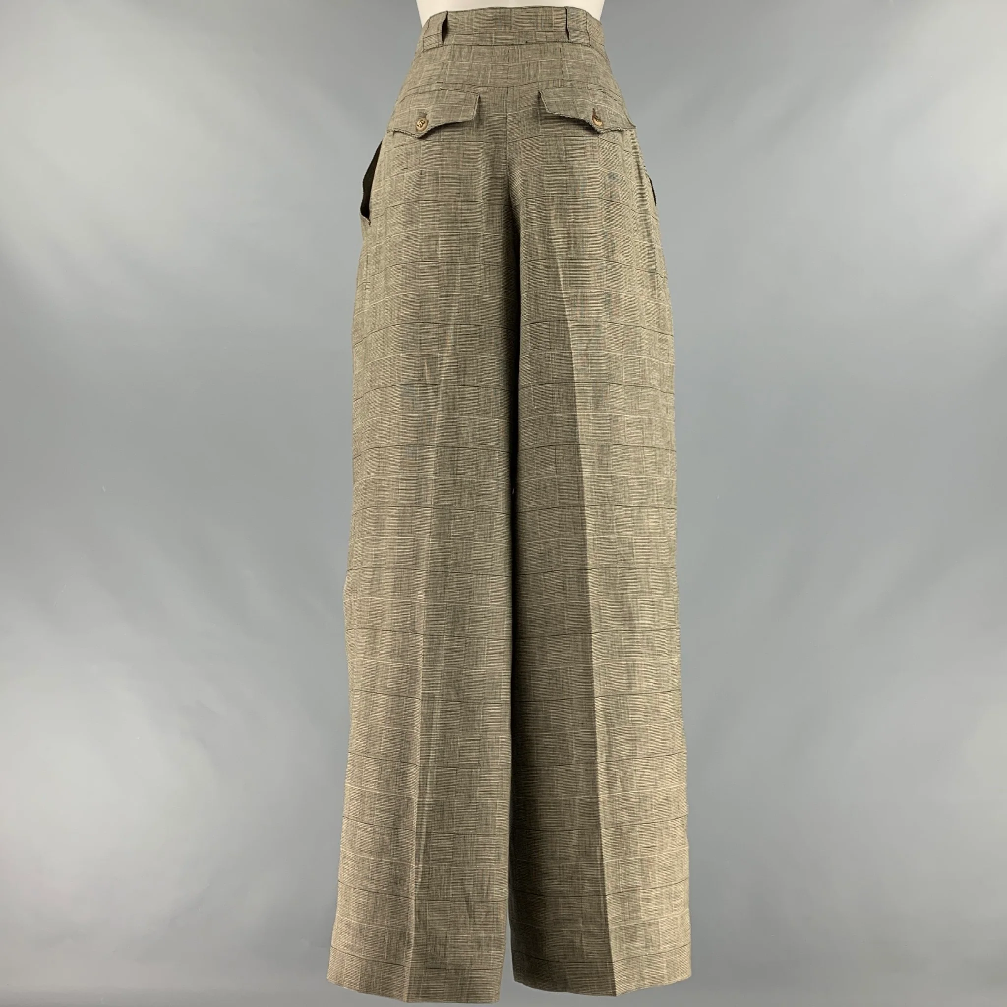 HERMES Size 24 Brown Beige Linen Plaid High Waisted Dress Pants - Image 3
